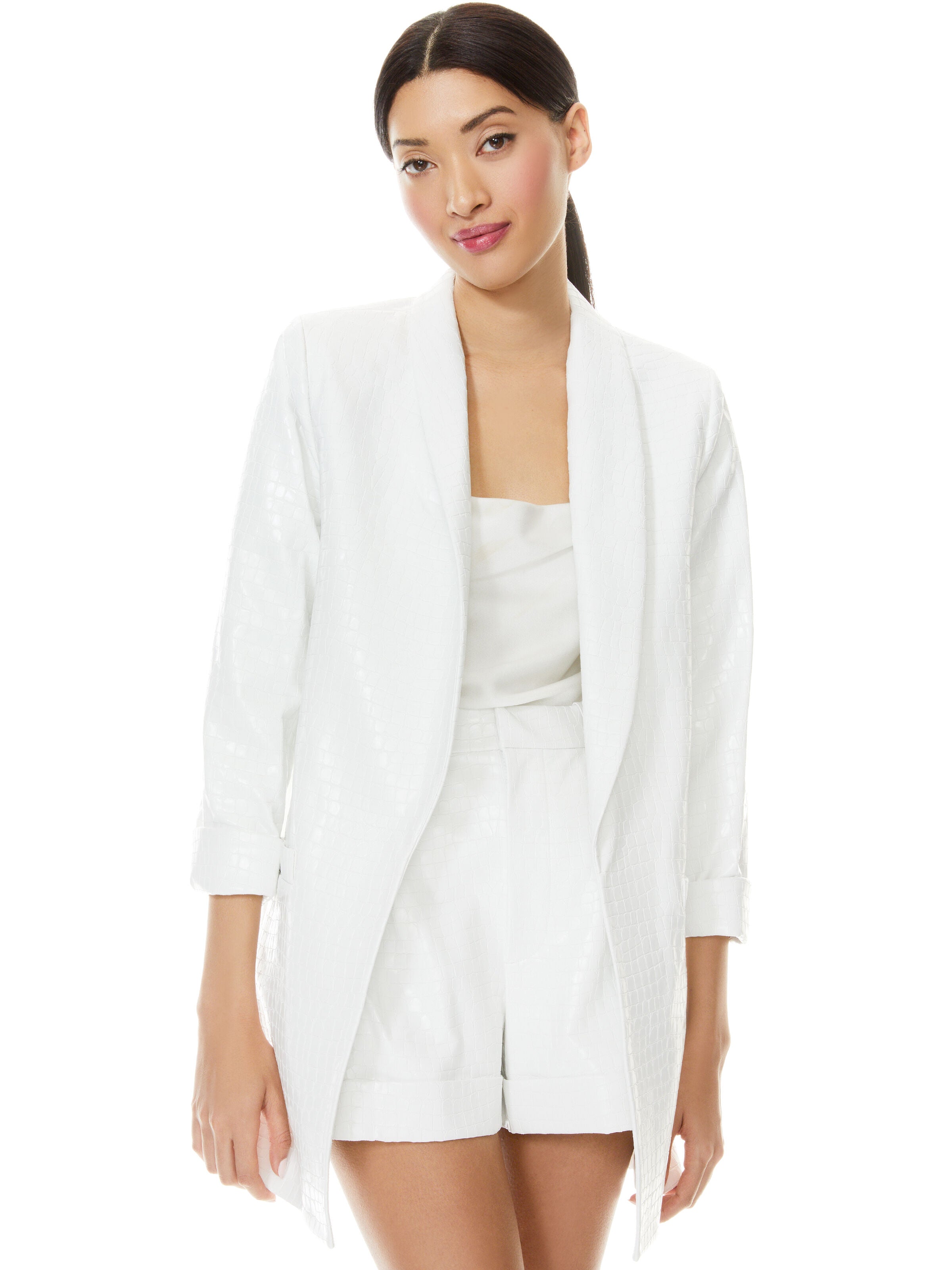 KYLIE VEGAN LEATHER SHAWL COLLAR BLAZER