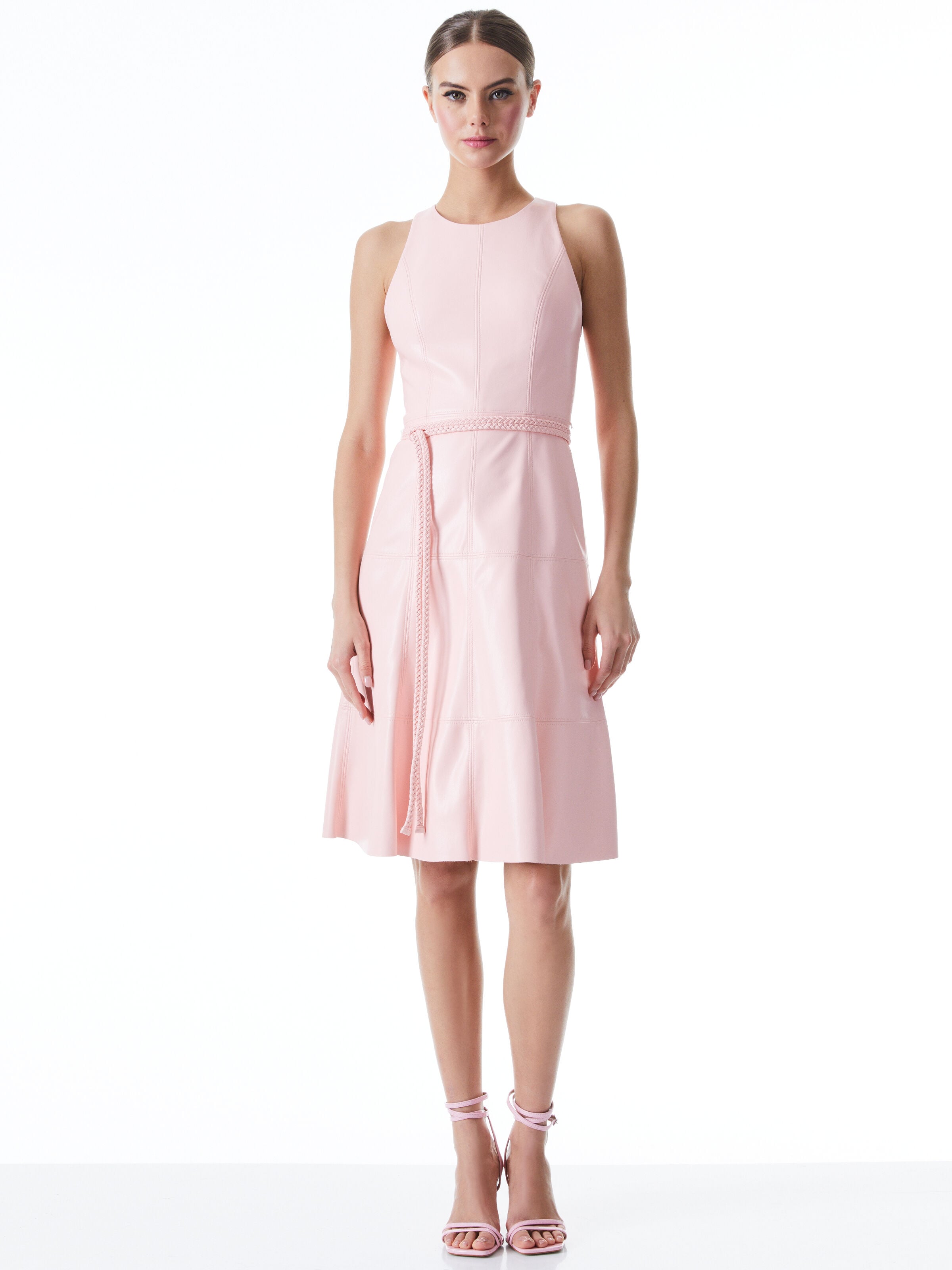LEANDRA VEGAN LEATHER BELTED MIDI DRESS