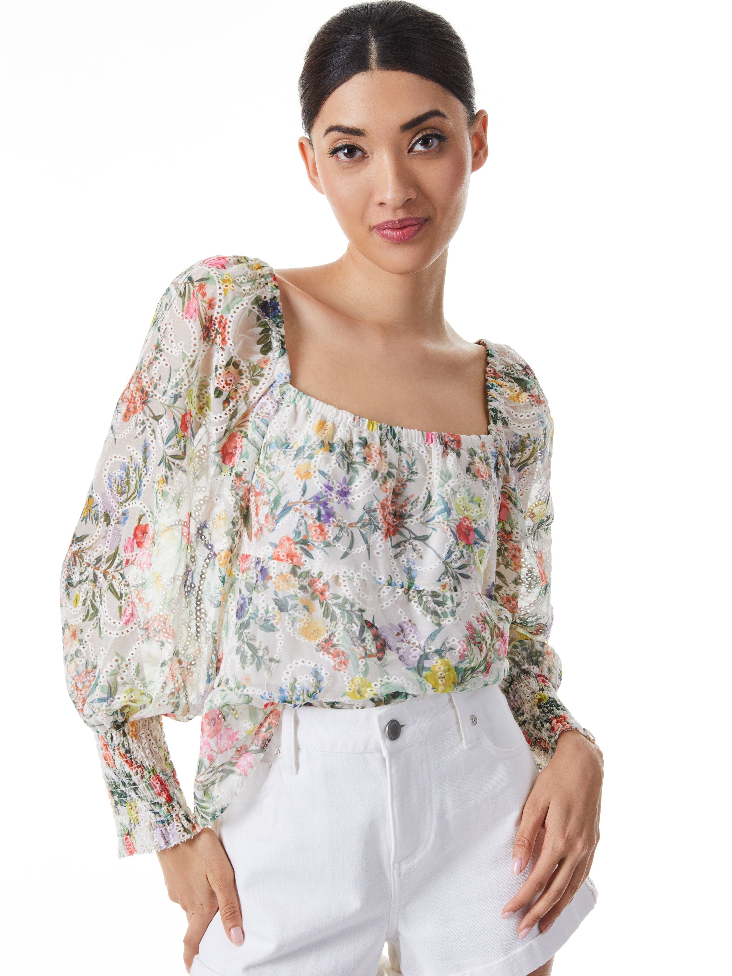 ROWA SMOCKED CUFF SQUARE NECK TOP