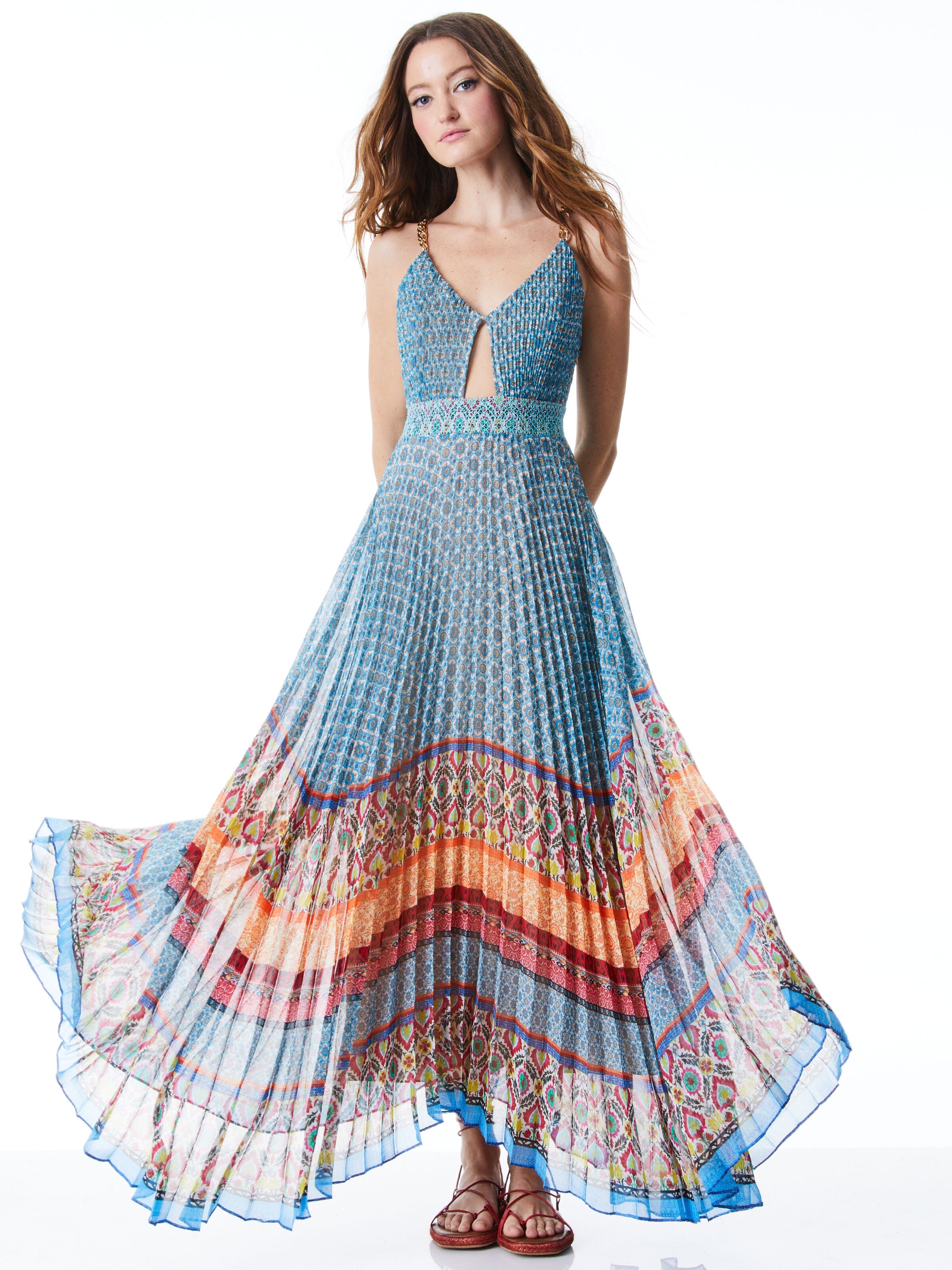 GLORIA CHAIN STRAP PLEATED MAXI DRESS