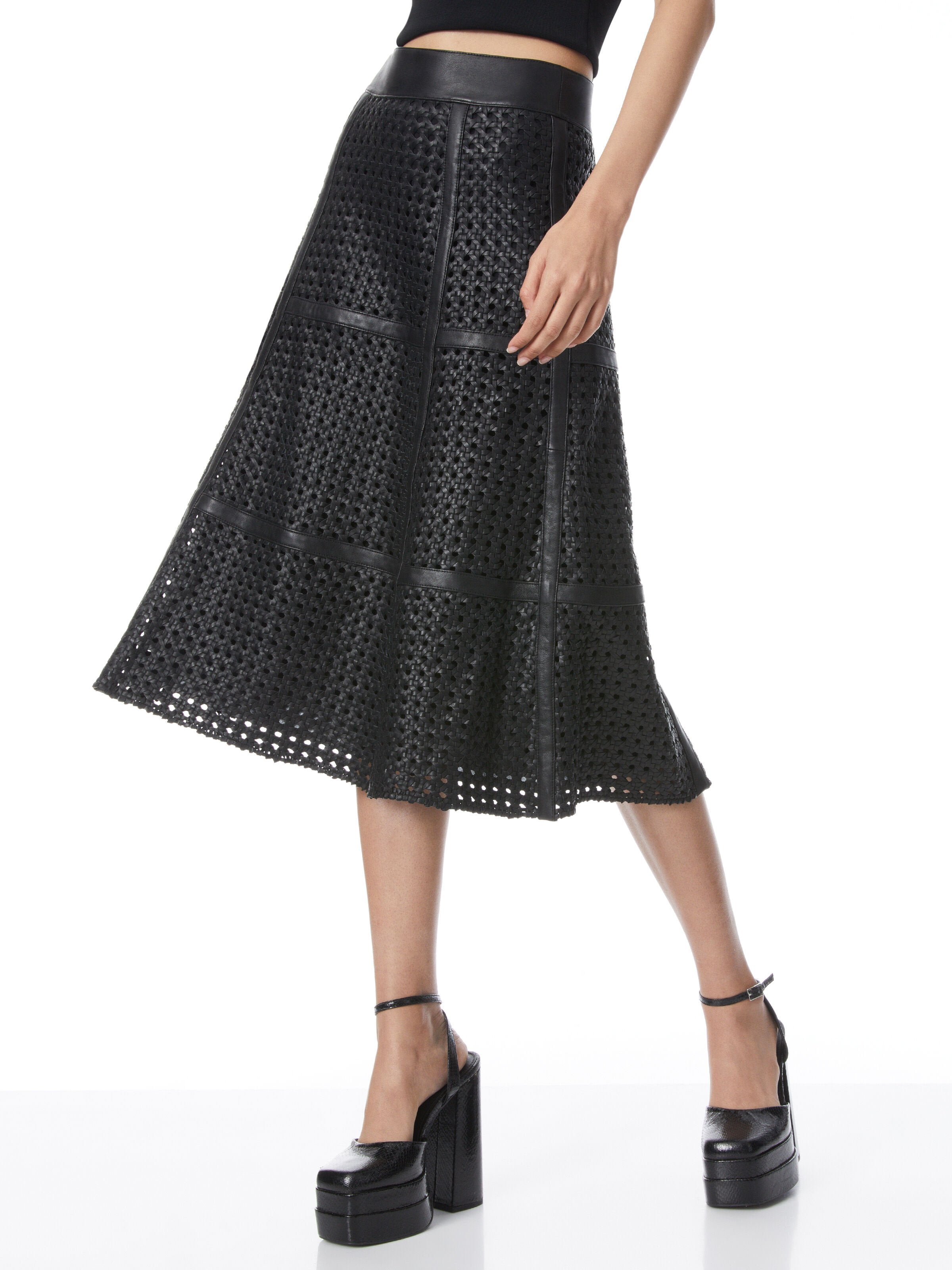 SOSIE WOVEN LEATHER MIDI FLARE SKIRT