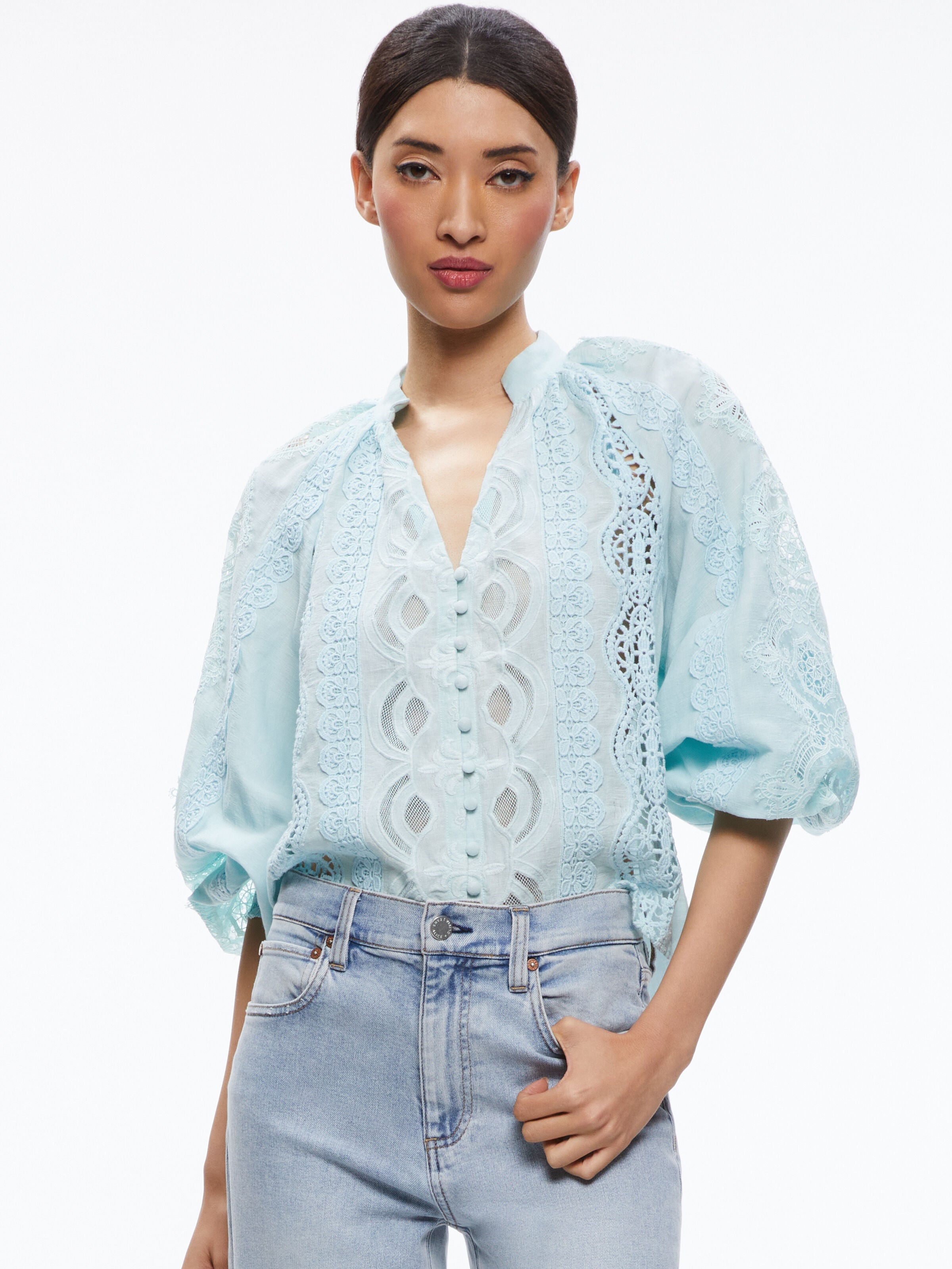 LESSIE EMBROIDERED BLOUSON SLEEVE BUTTON FRONT BLOUSE