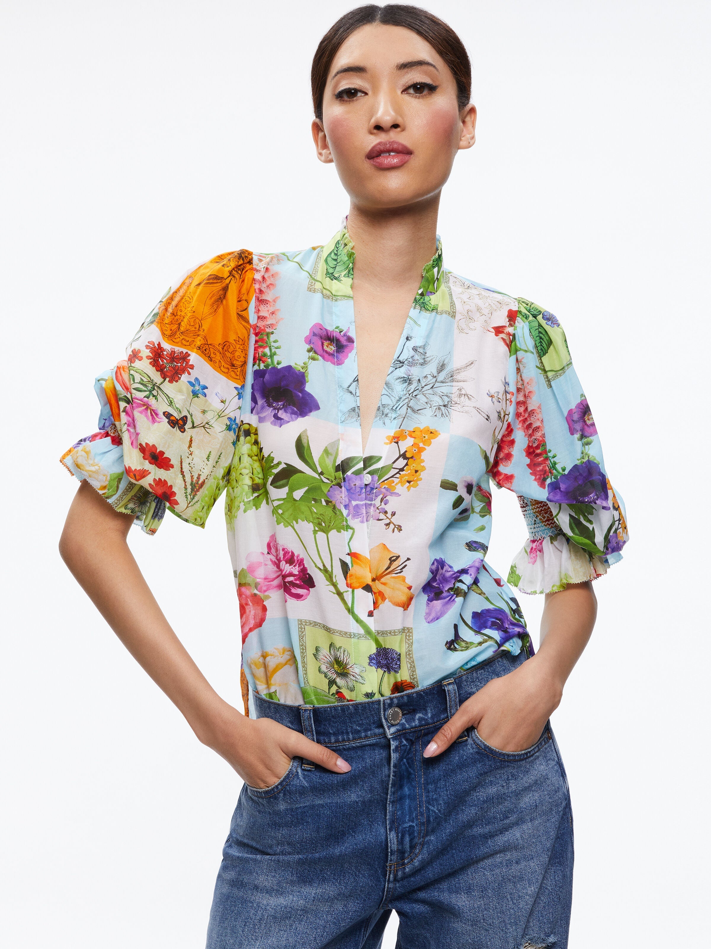 ILAN SMOCKED SLEEVE BUTTON FRONT BLOUSE