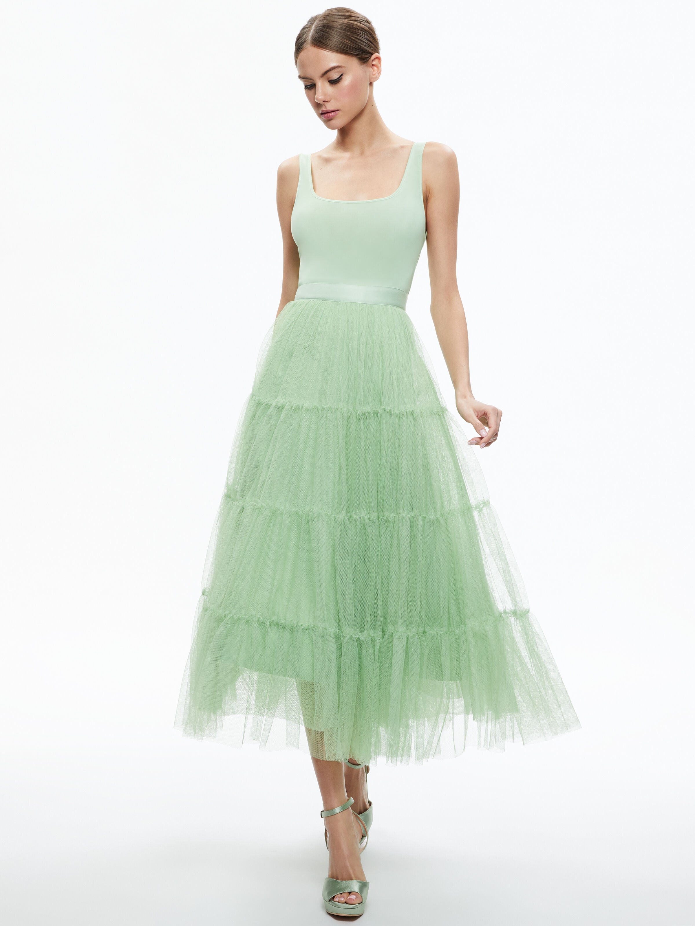 CHARA TULLE SCOOP NECK MIDI DRESS