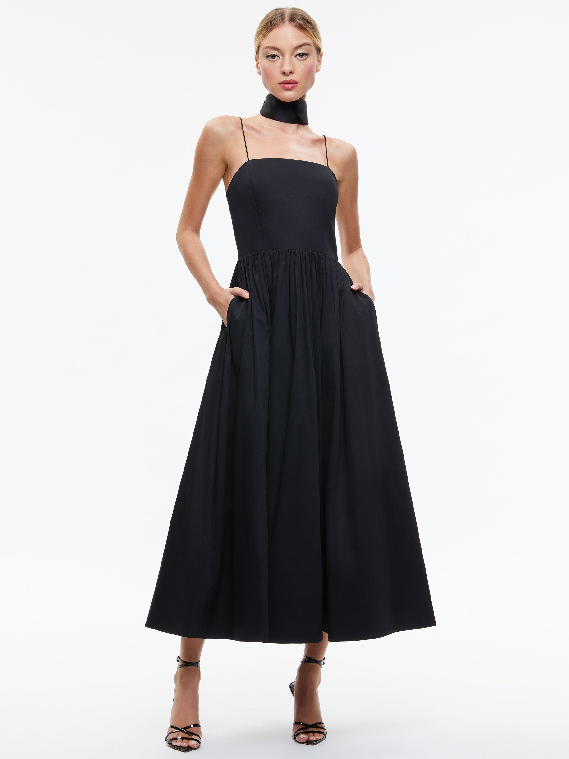 GLYNIS SPAGHETTI STRAP SCARF MIDI DRESS