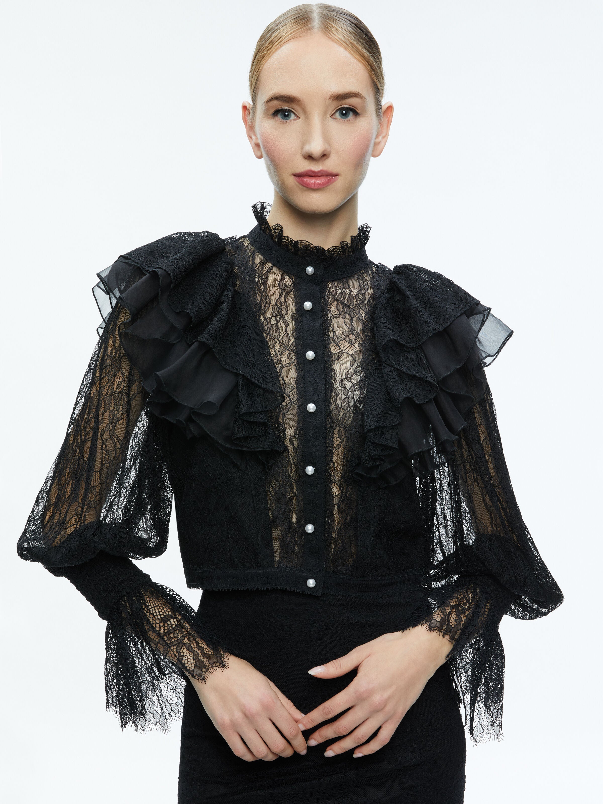 DELPHA RUFFLE LACE BLOUSON SLEEVE CROPPED TOP