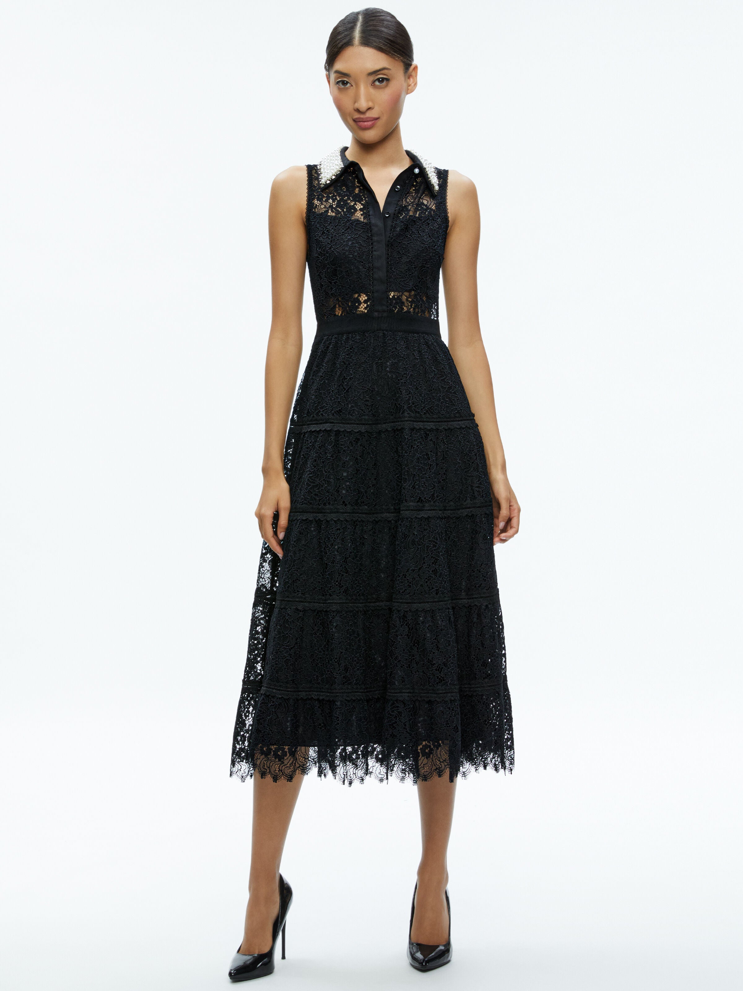 ANAYA EMBELLISHED COLLAR LACE MIDI DRESS