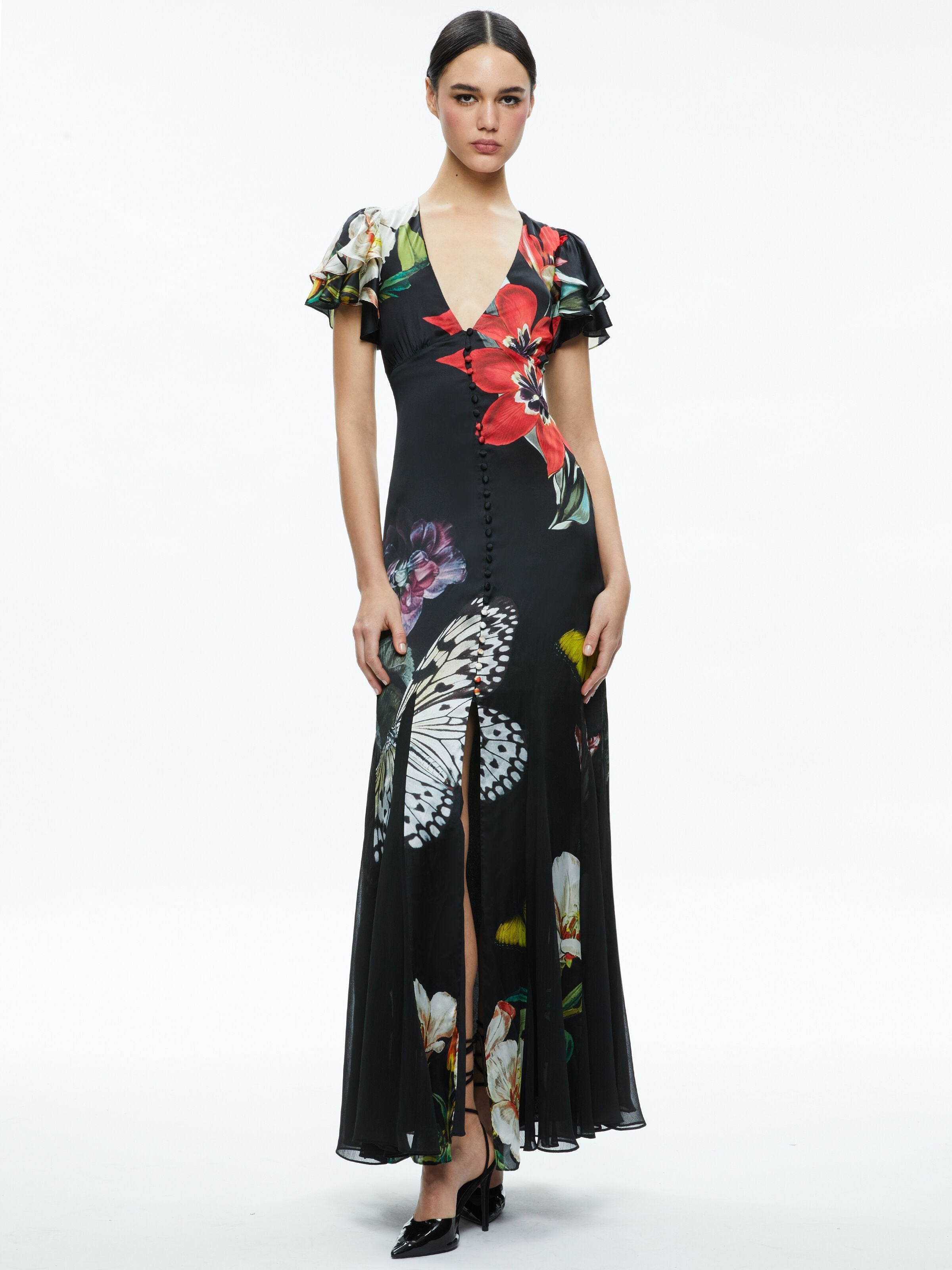 FARA DEEP V-NECK FLUTTER SLEEVE MAXI DRESS