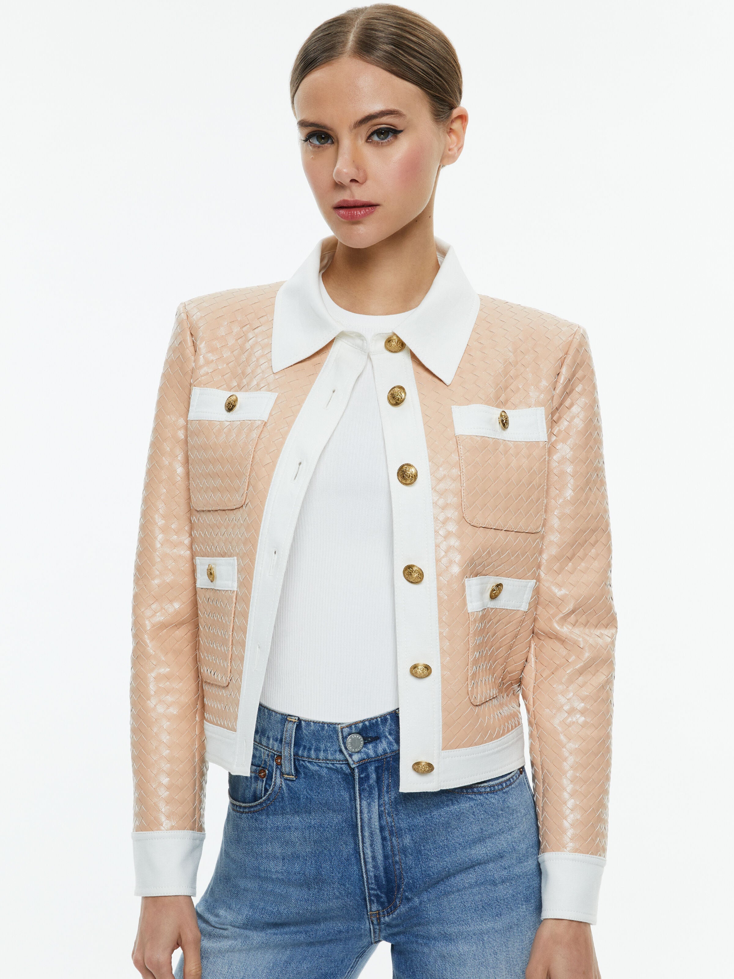 KINLEY WOVEN VEGAN LEATHER JACKET