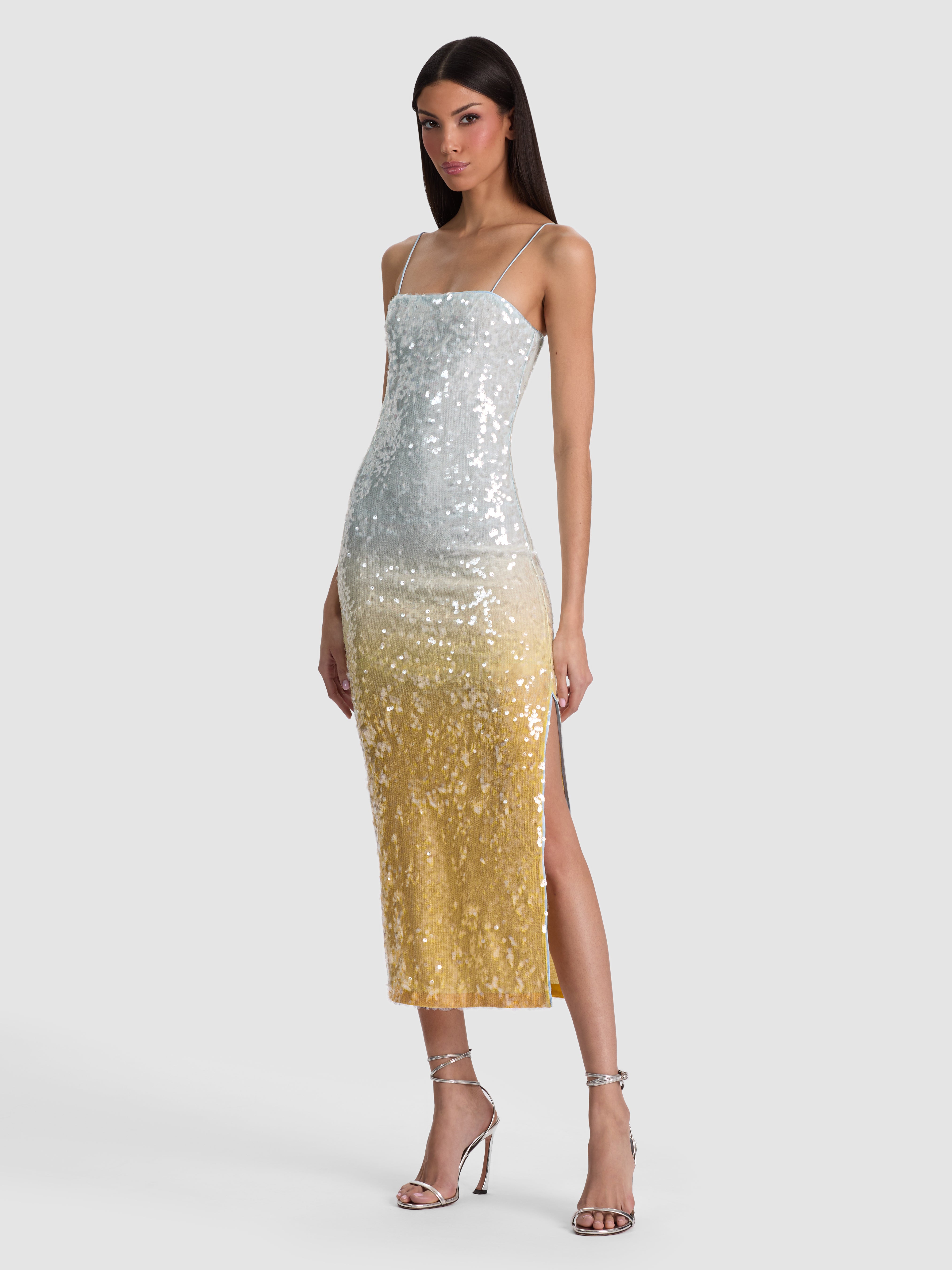DELORA SEQUIN STRAPLESS MIDI DRESS