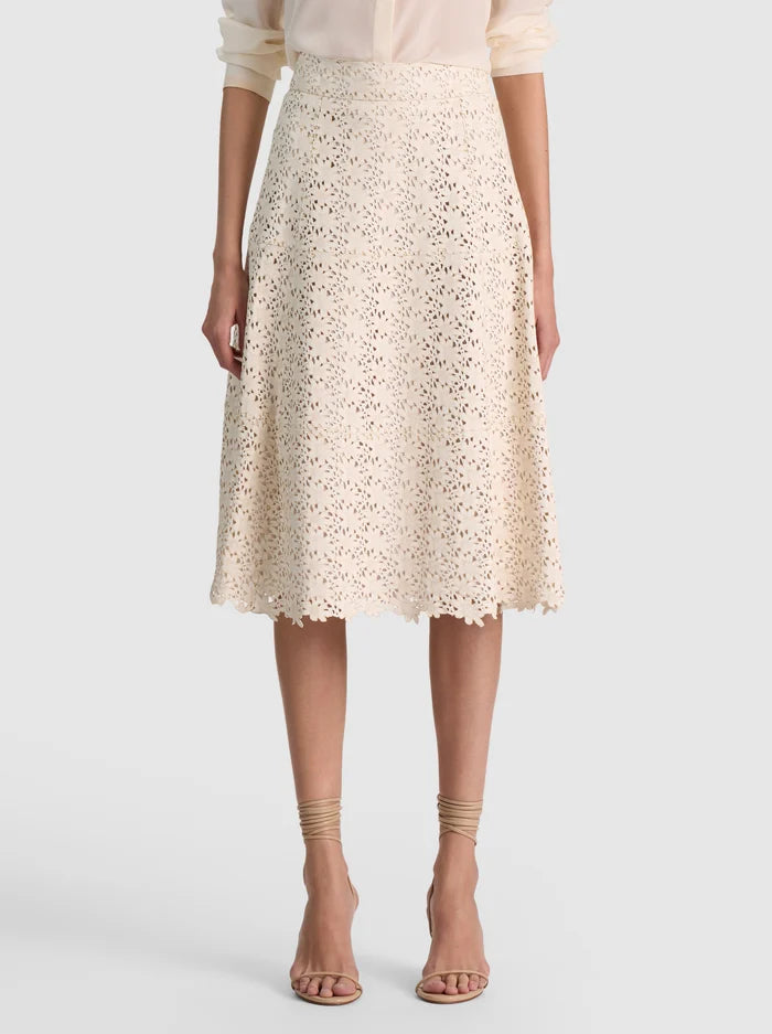 SOSIE LASERCUT LTHR FLARE MIDI SKIRT