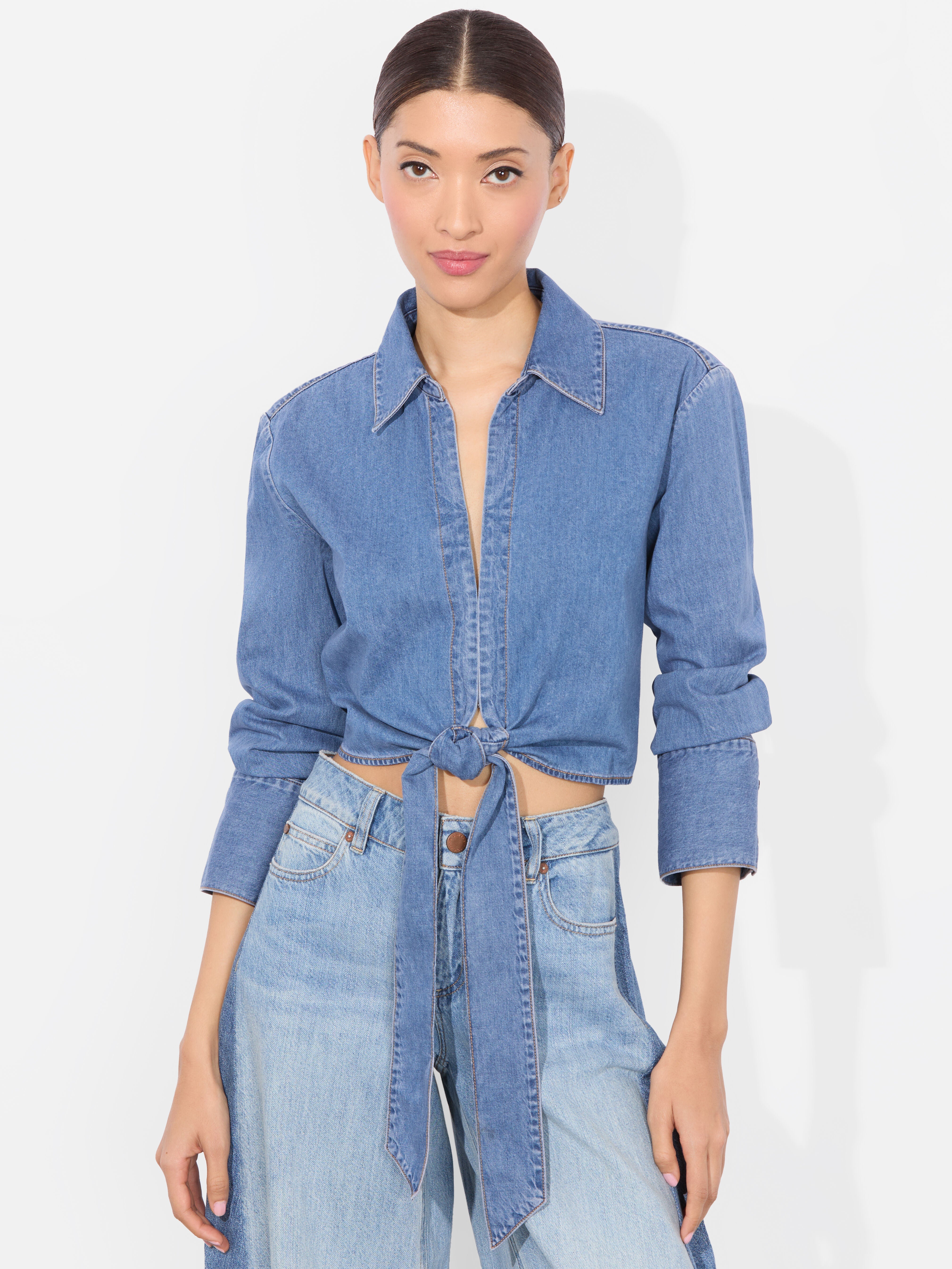 HANNON CHAMBRAY TIE FRONT BLOUSE