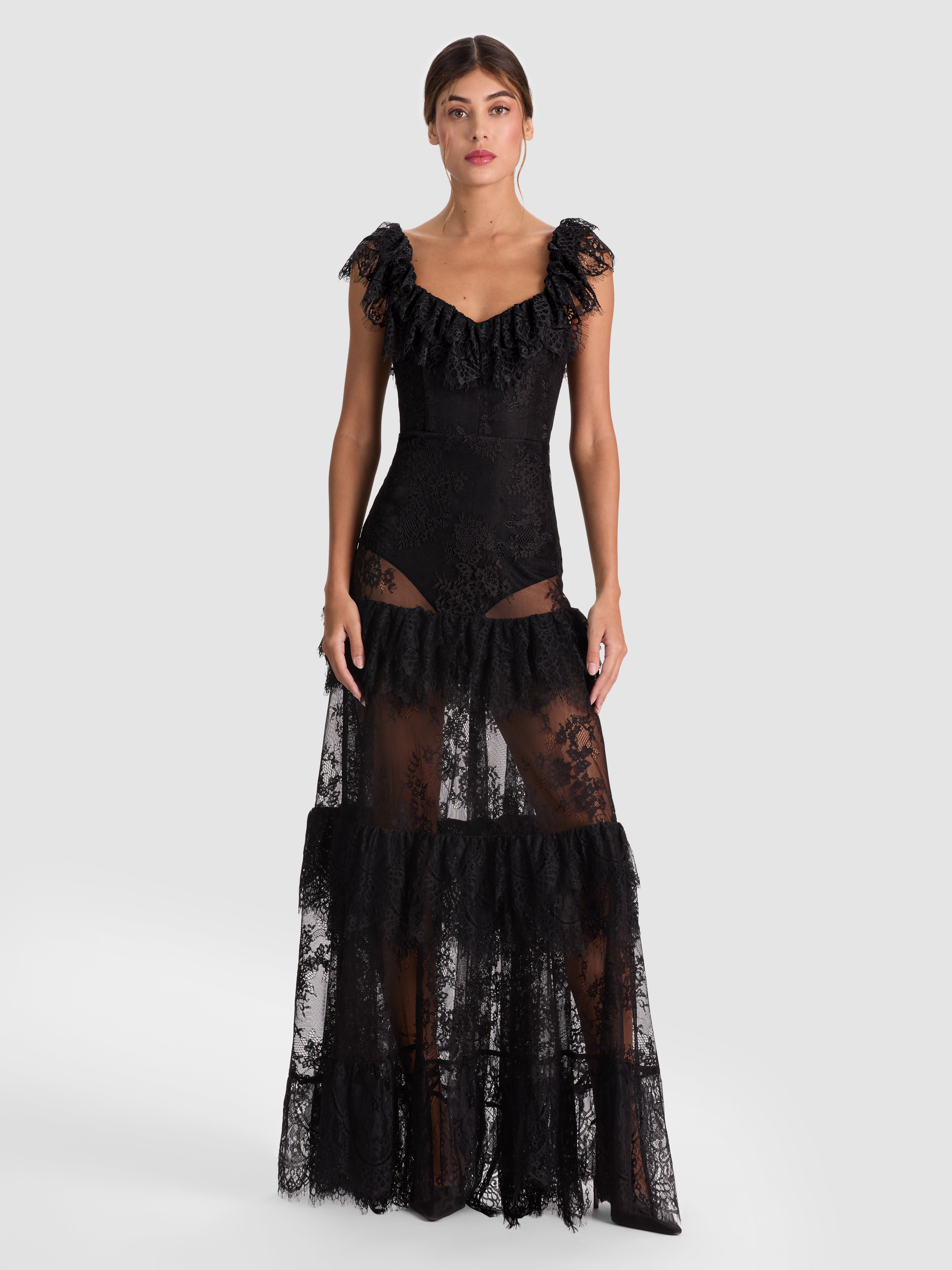 MYRNA OFF SHLDR TIERED LACE GOWN W BOW BELT