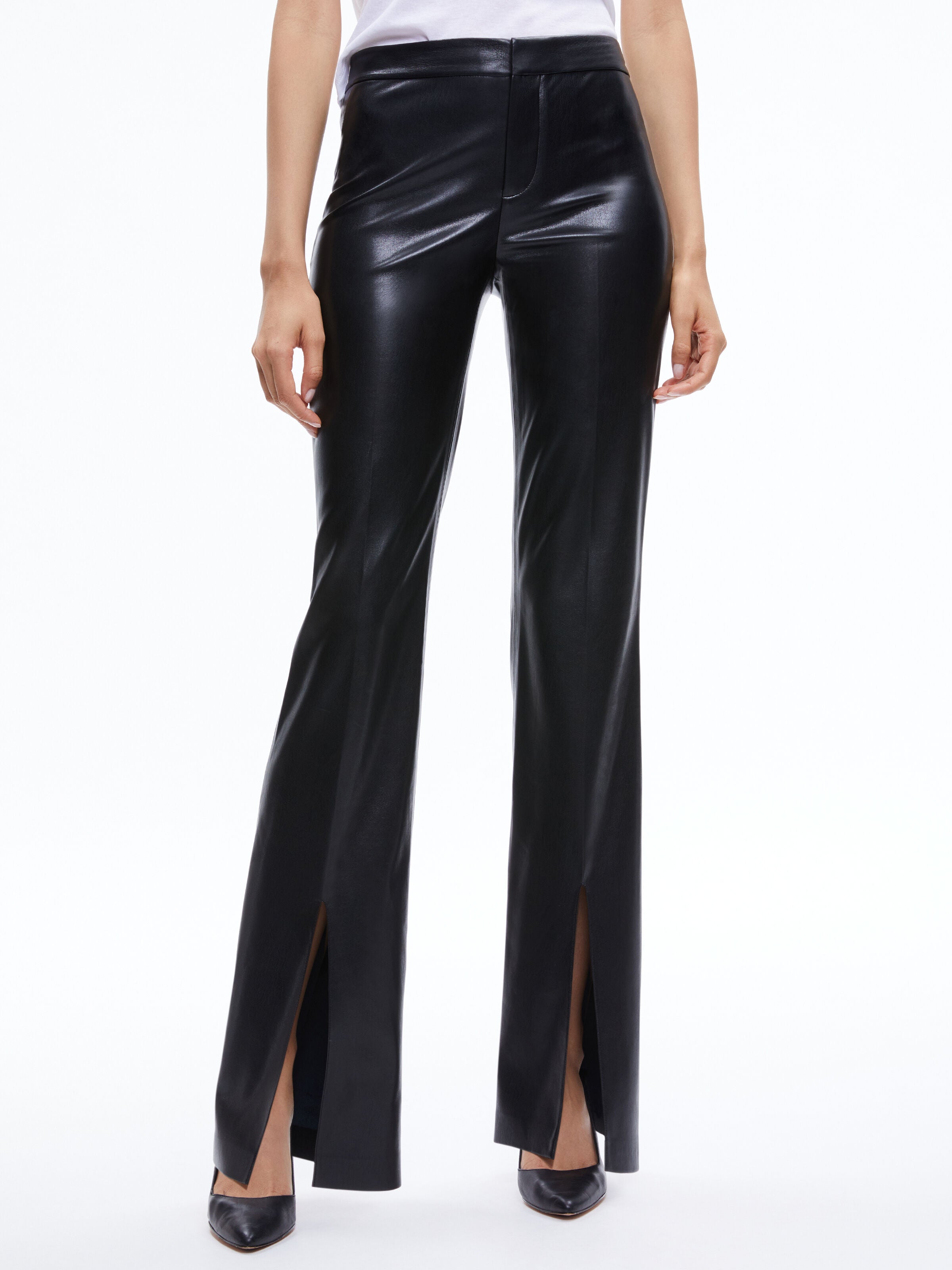 WALKER SLIM VEGAN LEATHER FRONT SLIT PANTS