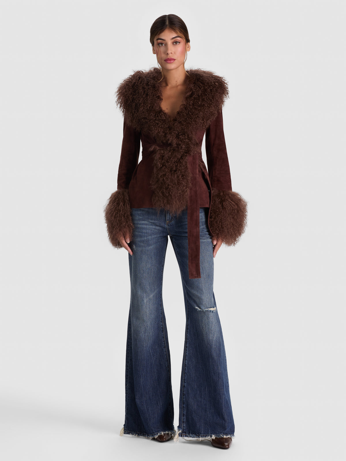 POLINA SUEDE FUR WRAP JACKET - DARK CHOCOLATE