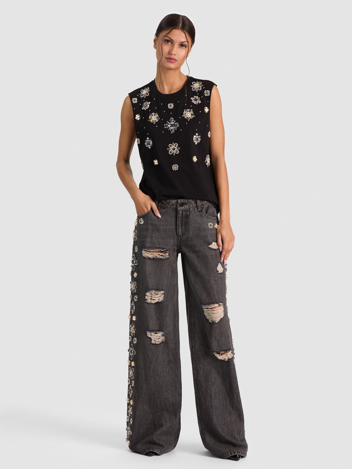 AMAZING DISTRESSED EMBELLISHED JEAN-ALICE + OLIVIA