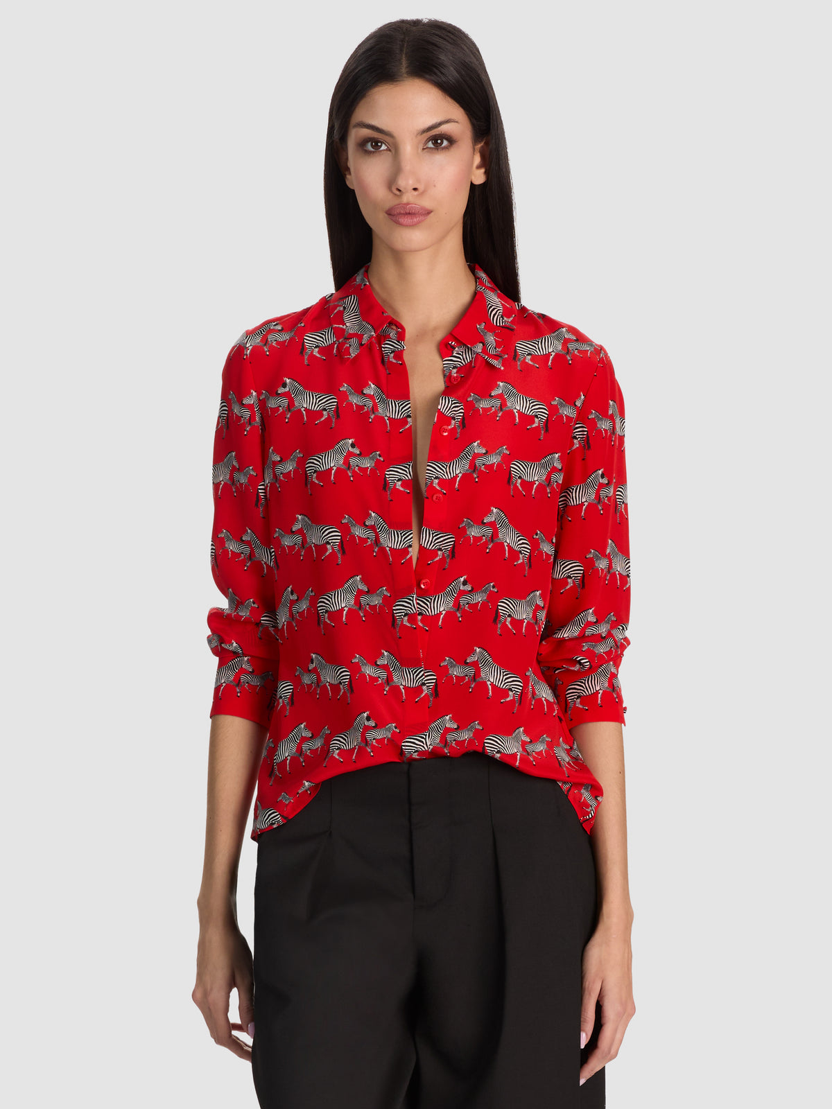WILLA BUTTON DOWN BLOUSE - ZEBRA STRIDE CANDY APPLE