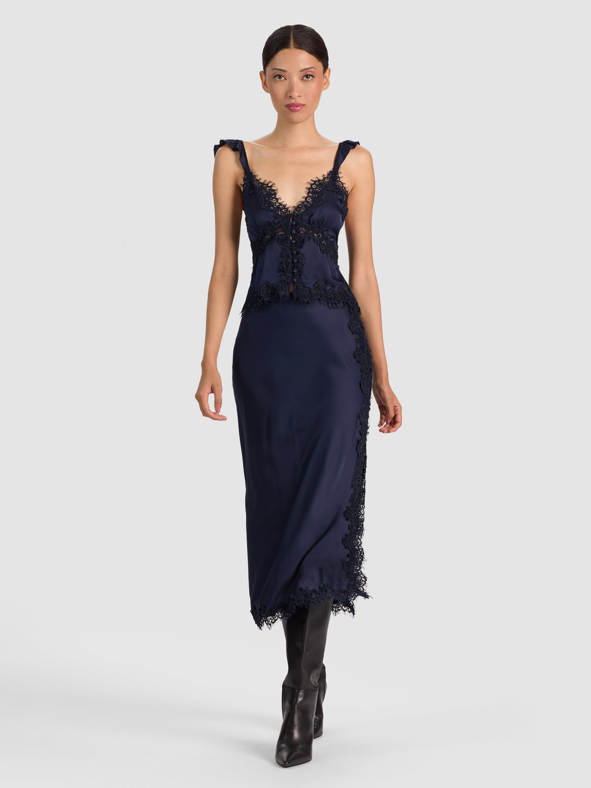 RAFAELLA LACE TRIM TOP W RUFFLE SLEEVE - MIDNIGHT BLUE