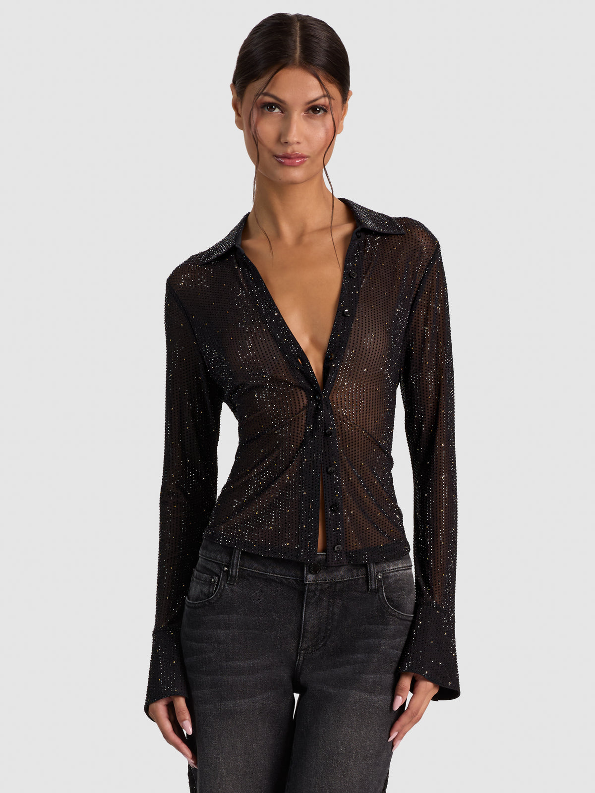 FREYA EMBELL FITTED NIPPED WAIST BTN DOWN TOP - BLACK/GOLD