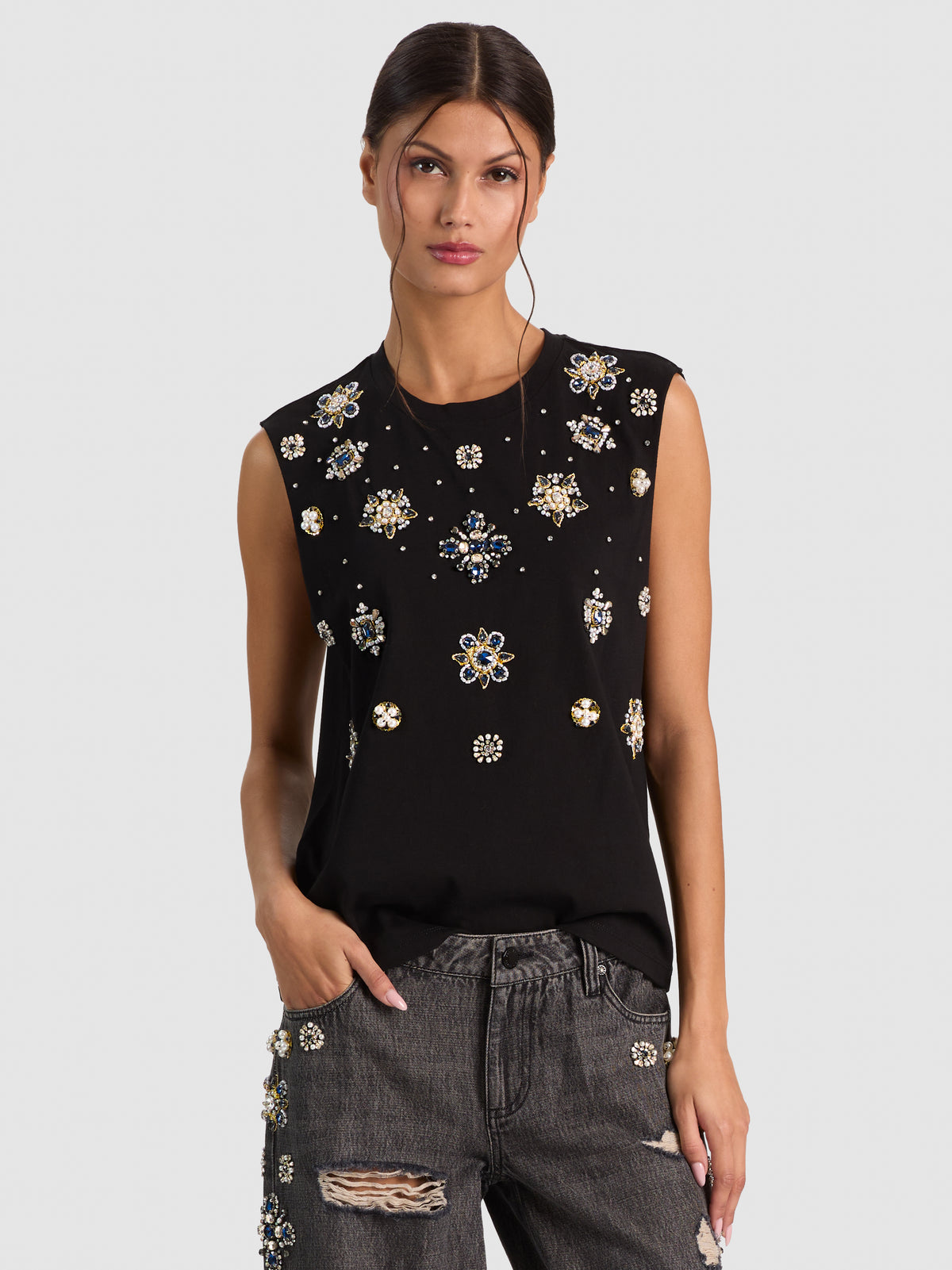 MICAH EMBELL MUSCLE TEE - BLACK/MULTI
