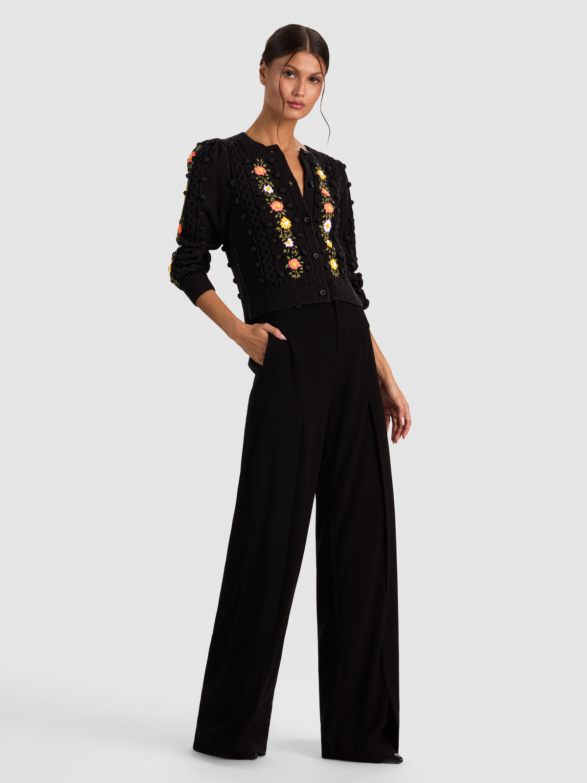 KITTY PUFF SLEEVE CARDIGAN-BLACK MULTI-ALICE + OLIVIA