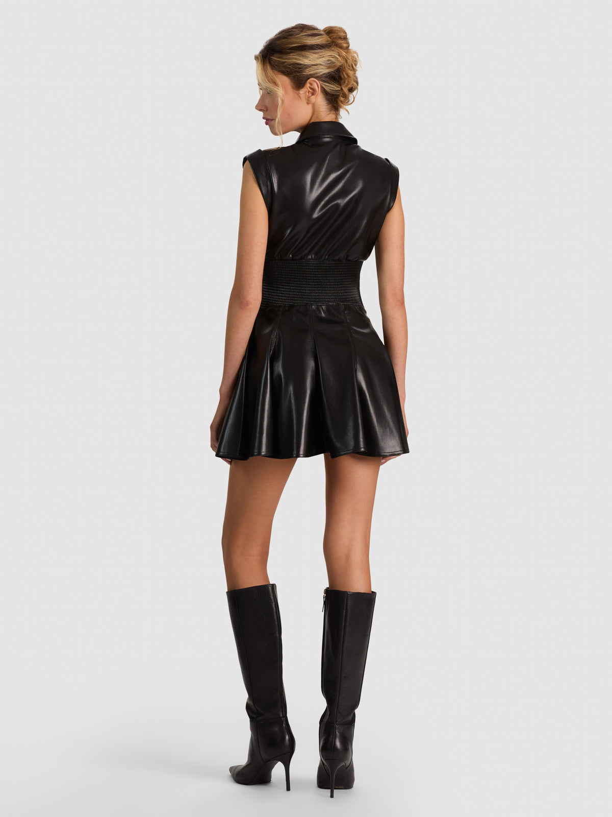 KIM VGN LTHR PANELED CORSET FLARED MINI SHIRT DRESS-ALICE + OLIVIA