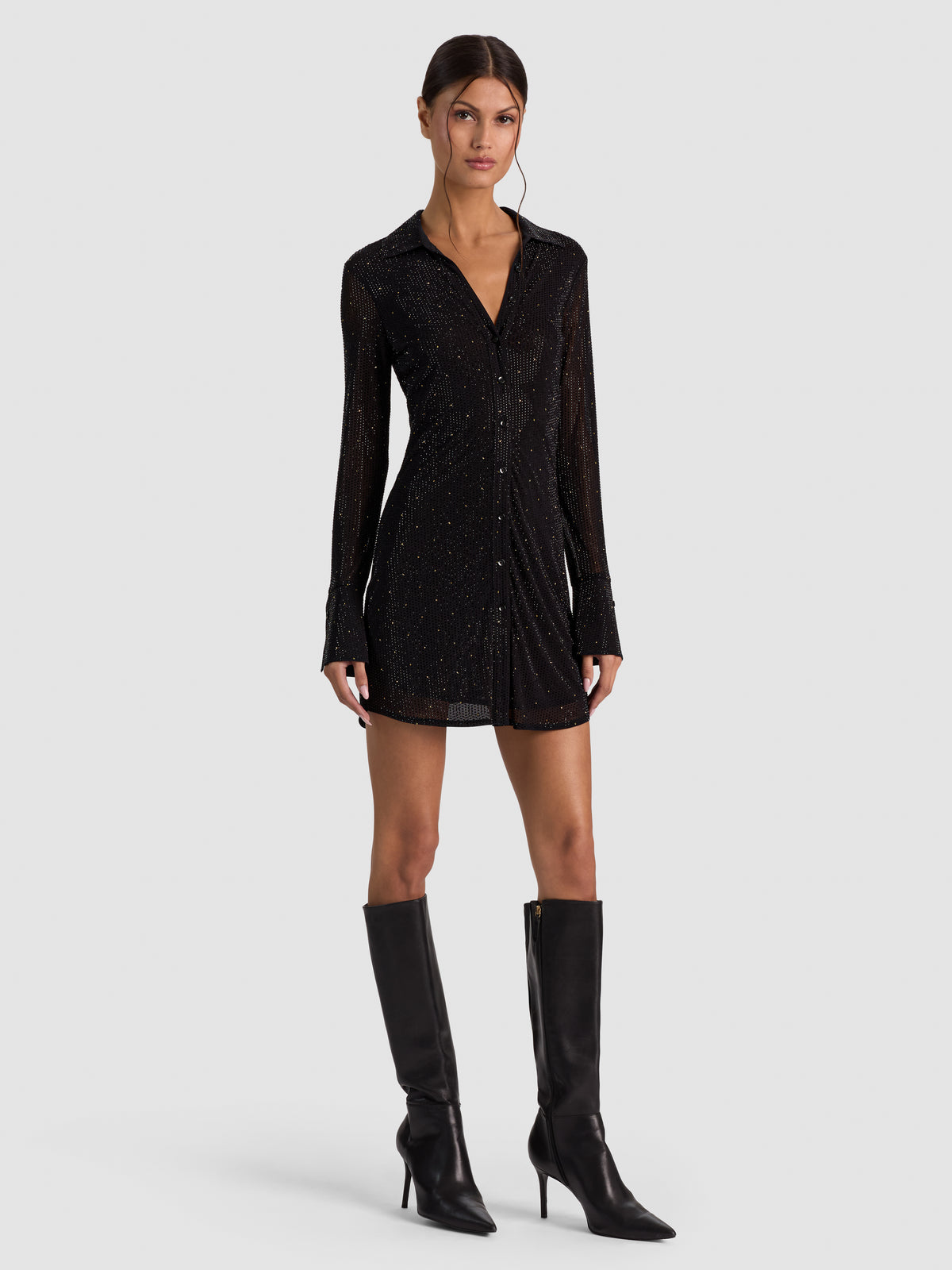 FREYA EMBELLISHED BUTTON DOWN DRESS - BLACK/GOLD