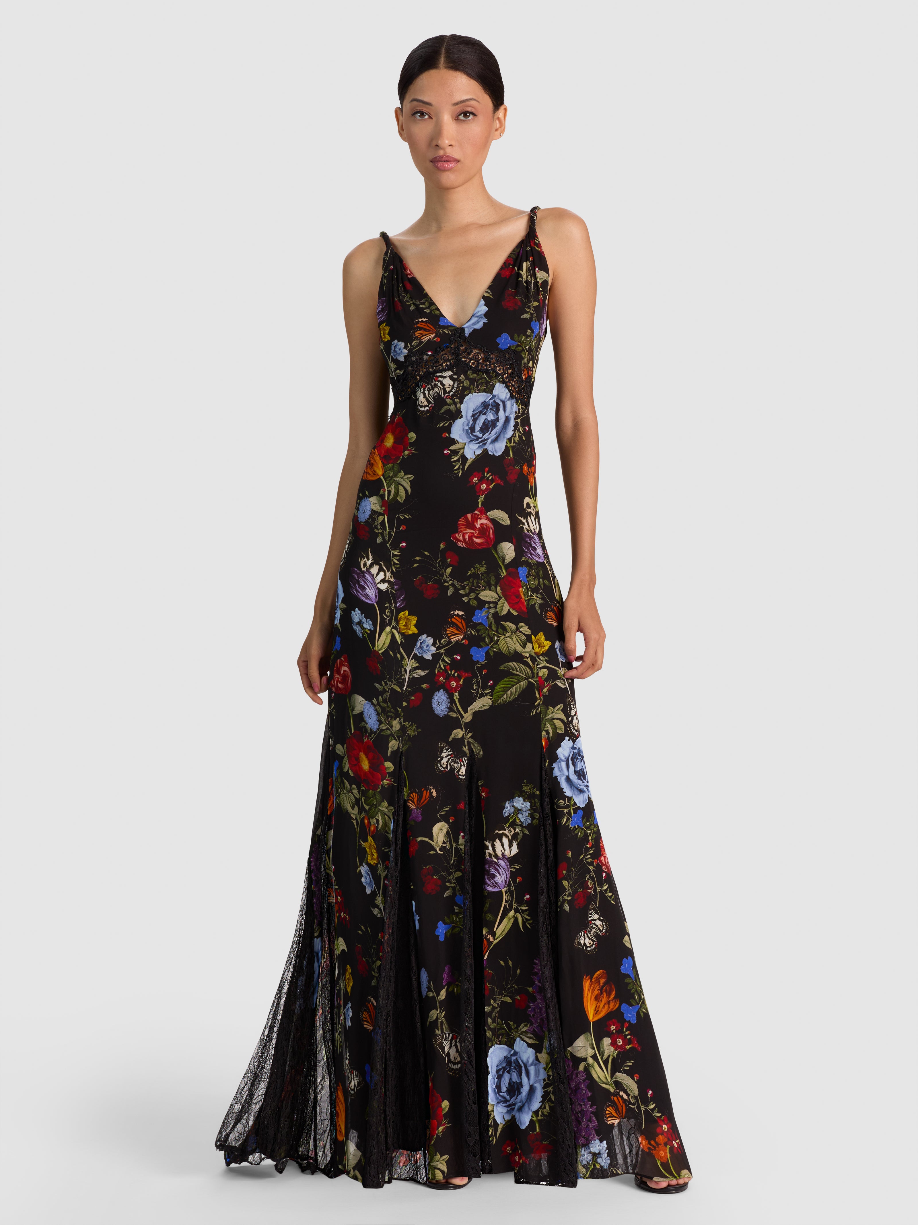 NISA CUTAWAY LACE TWIST STRAP TIE BK GODET MAXI DRESS-ALICE + OLIVIA