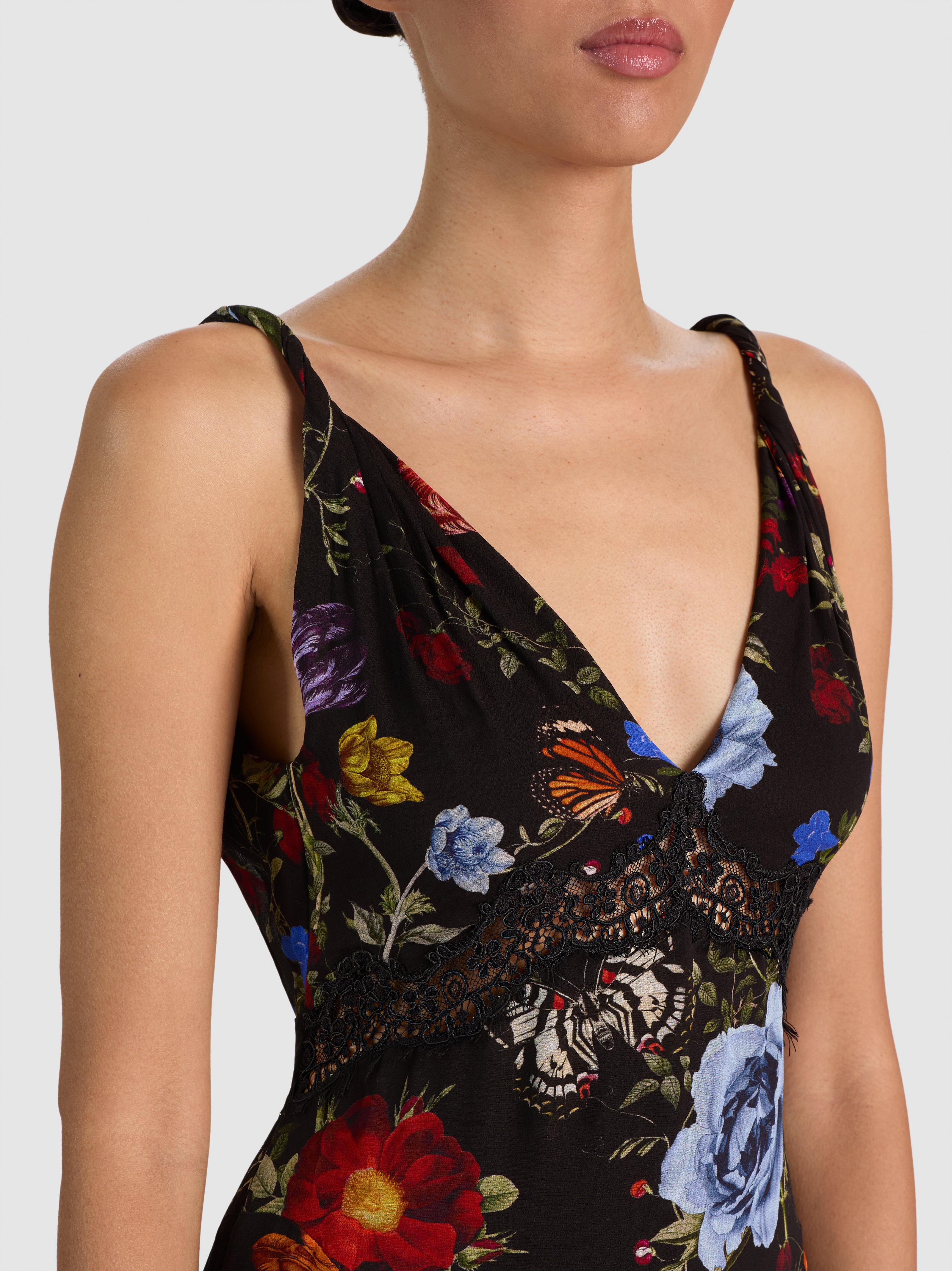 NISA CUTAWAY LACE TWIST STRAP TIE BK GODET MAXI DRESS-ALICE + OLIVIA