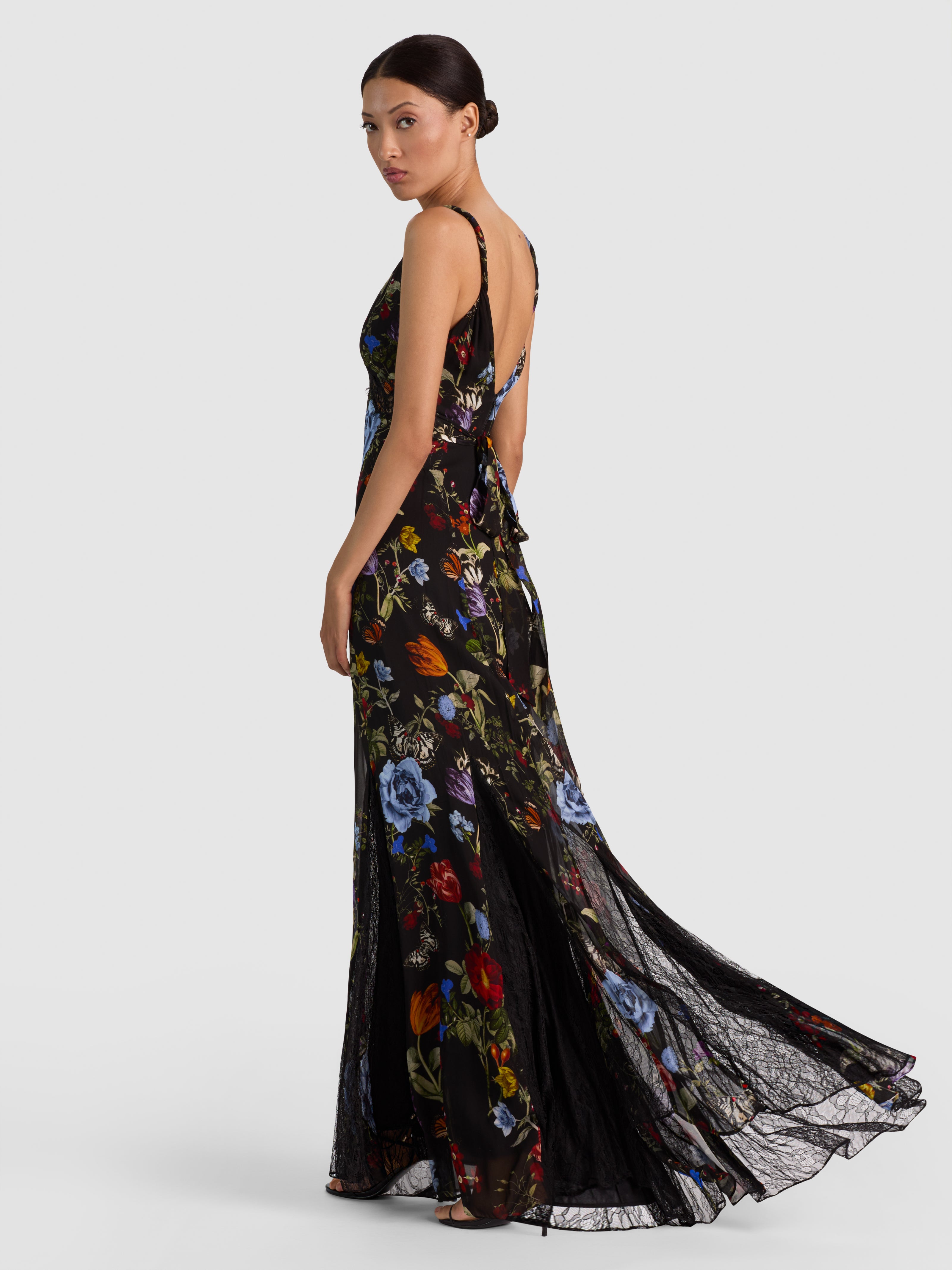NISA CUTAWAY LACE TWIST STRAP TIE BK GODET MAXI DRESS-ALICE + OLIVIA