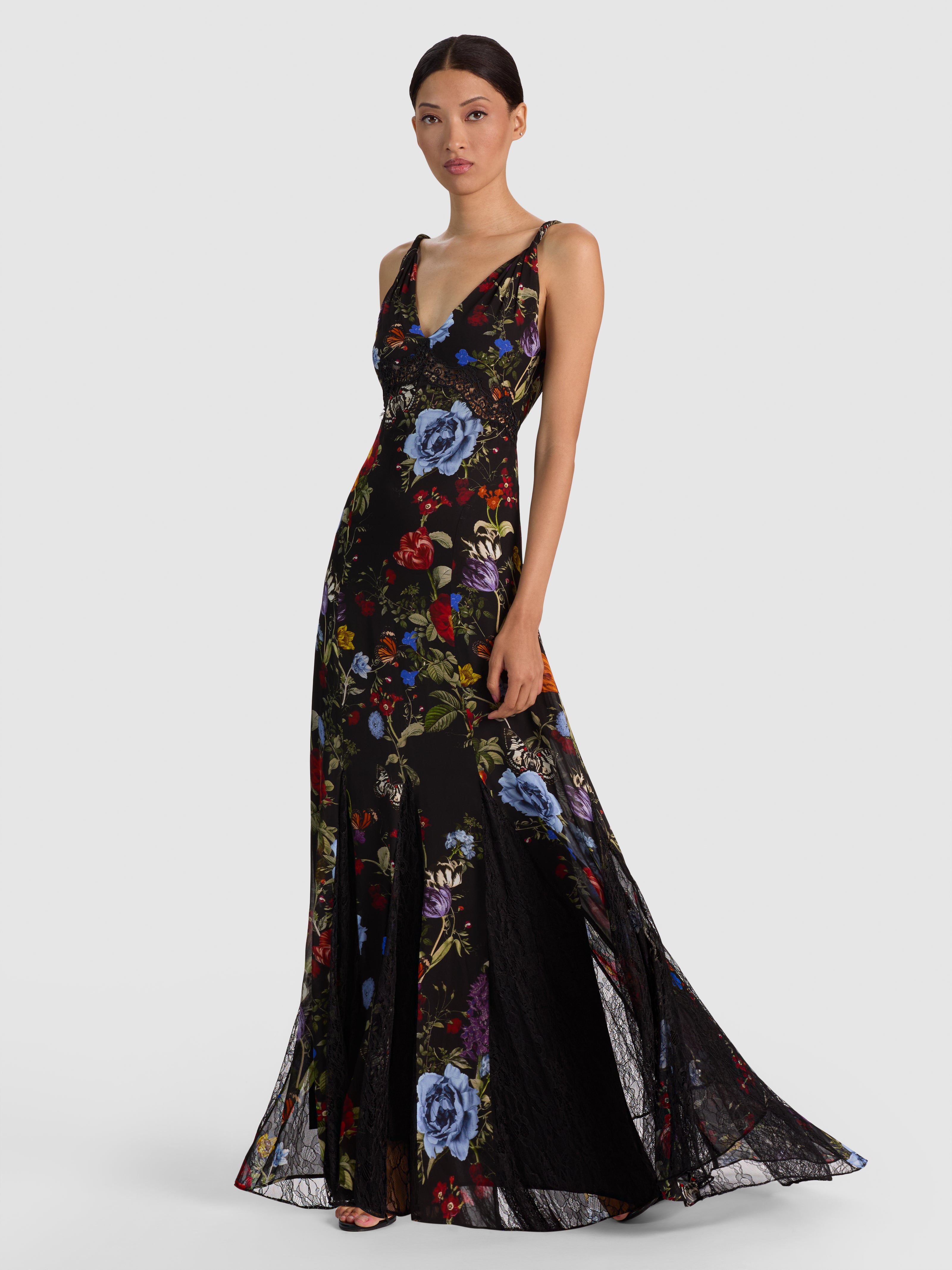 NISA CUTAWAY LACE TWIST STRAP TIE BK GODET MAXI DRESS-ALICE + OLIVIA