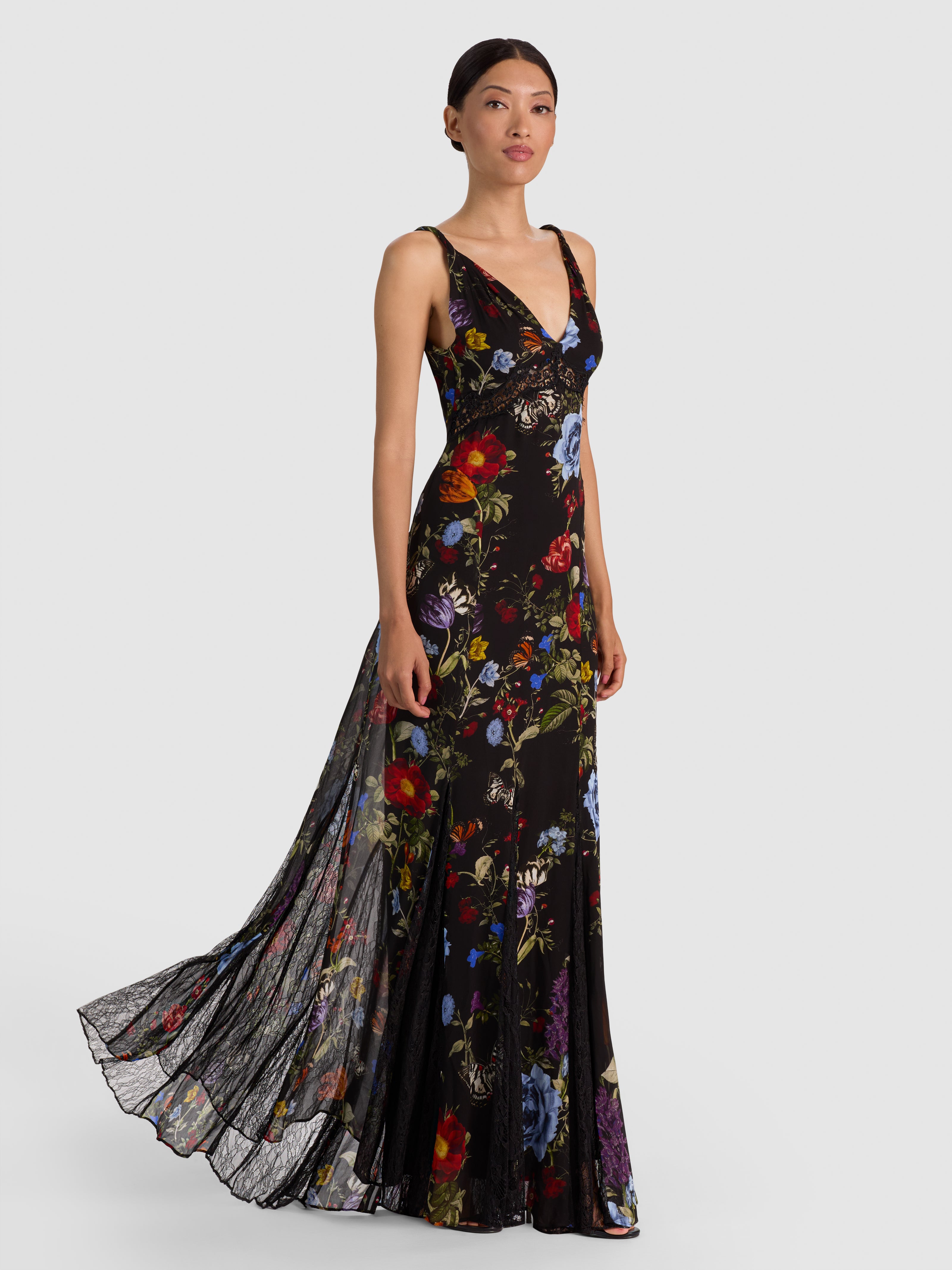 NISA CUTAWAY LACE TWIST STRAP TIE BK GODET MAXI DRESS-ALICE + OLIVIA