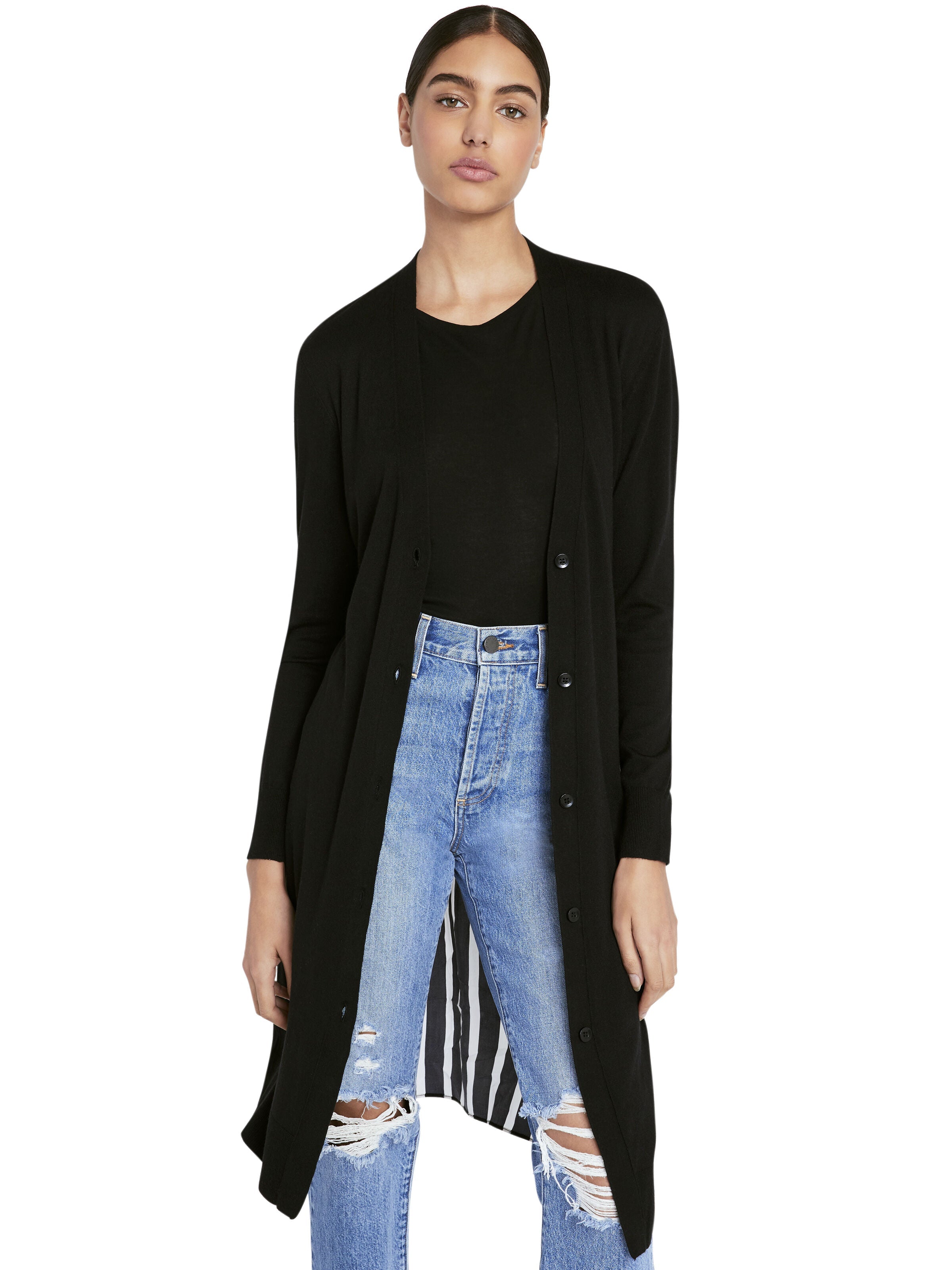 NOLA STRIPED BACK CARDIGAN-BLACK/MOONDUST STRIPE-ALICE + OLIVIA