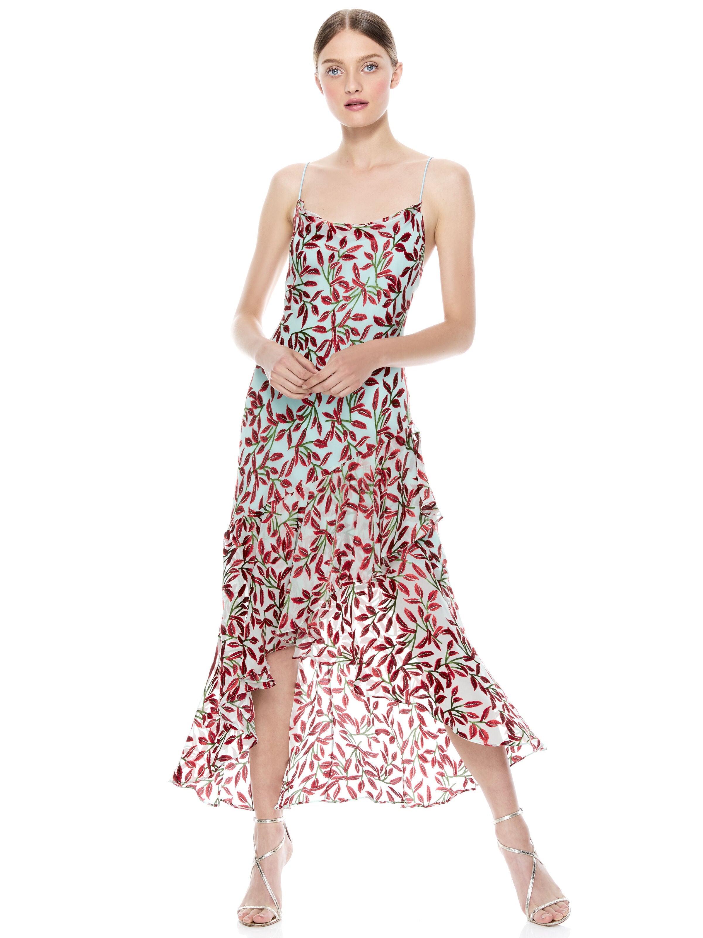 GINGER COWL NECK MIDI DRESS-DANCING LEAF-LG POWDER BLUE-ALICE + OLIVIA