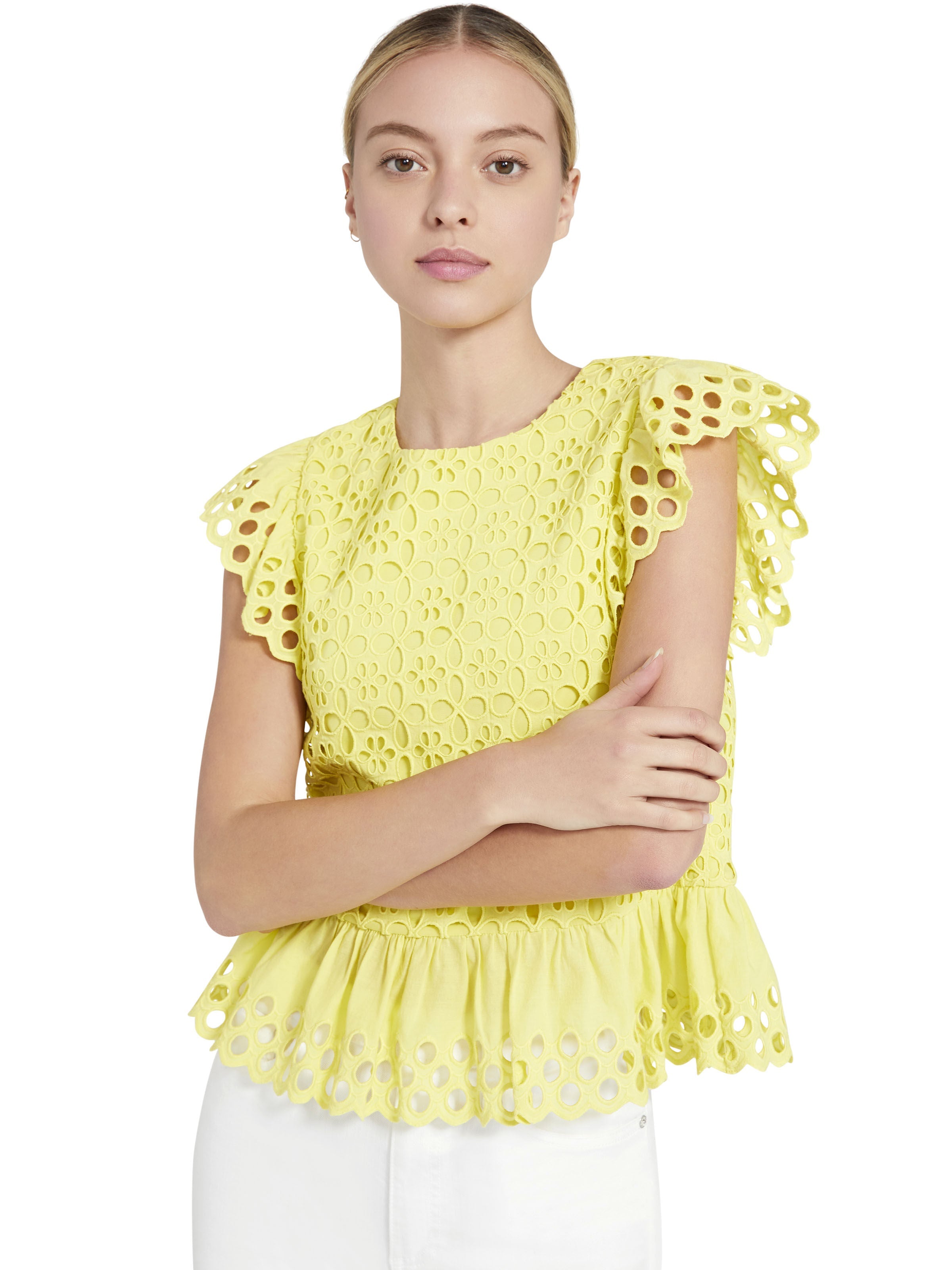 SUE EMBROIDERED RUFFLE SLEEVE TOP-DAFFODIL-ALICE + OLIVIA