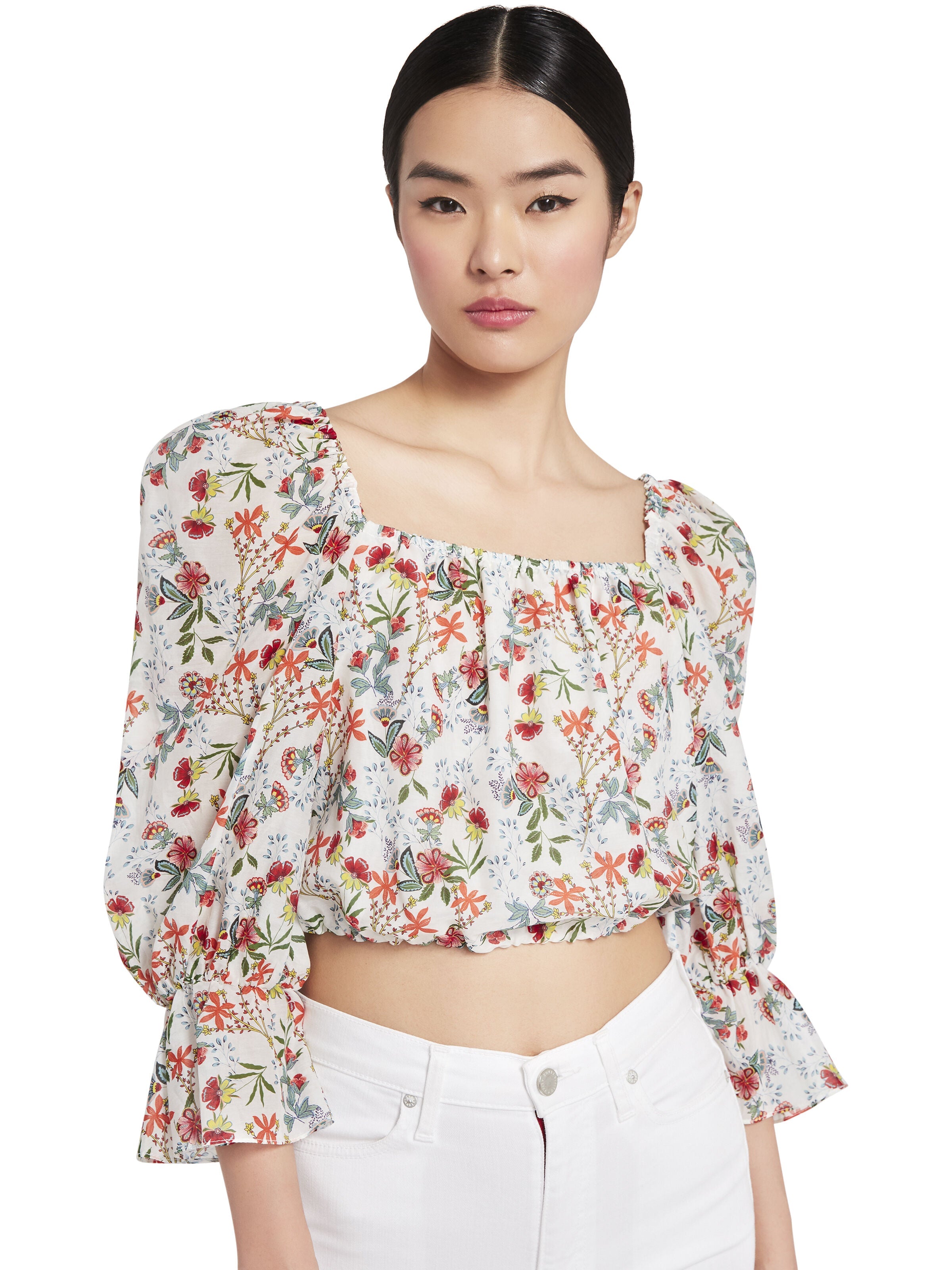DEB FLORAL BLOUSON SLEEVE BLOUSE-BLUE BELL SOFT WHITE-ALICE + OLIVIA