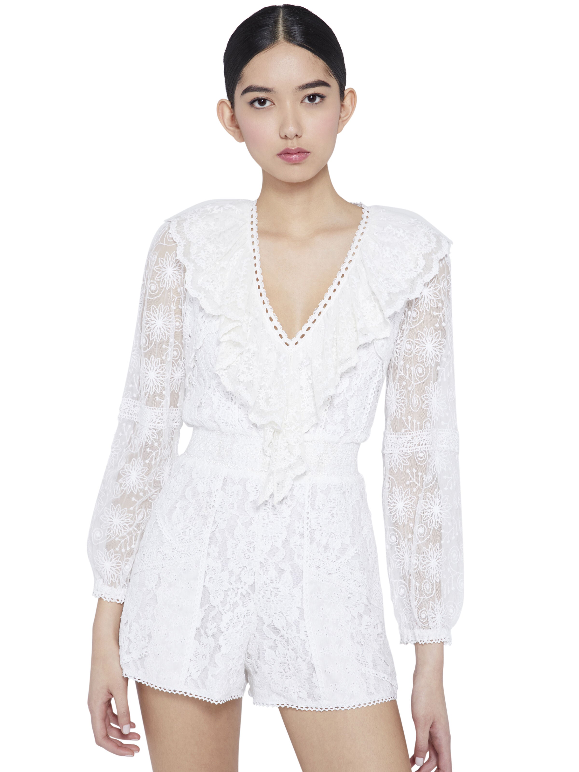 TESHA SMOCKED RUFFLE ROMPER-ALICE + OLIVIA