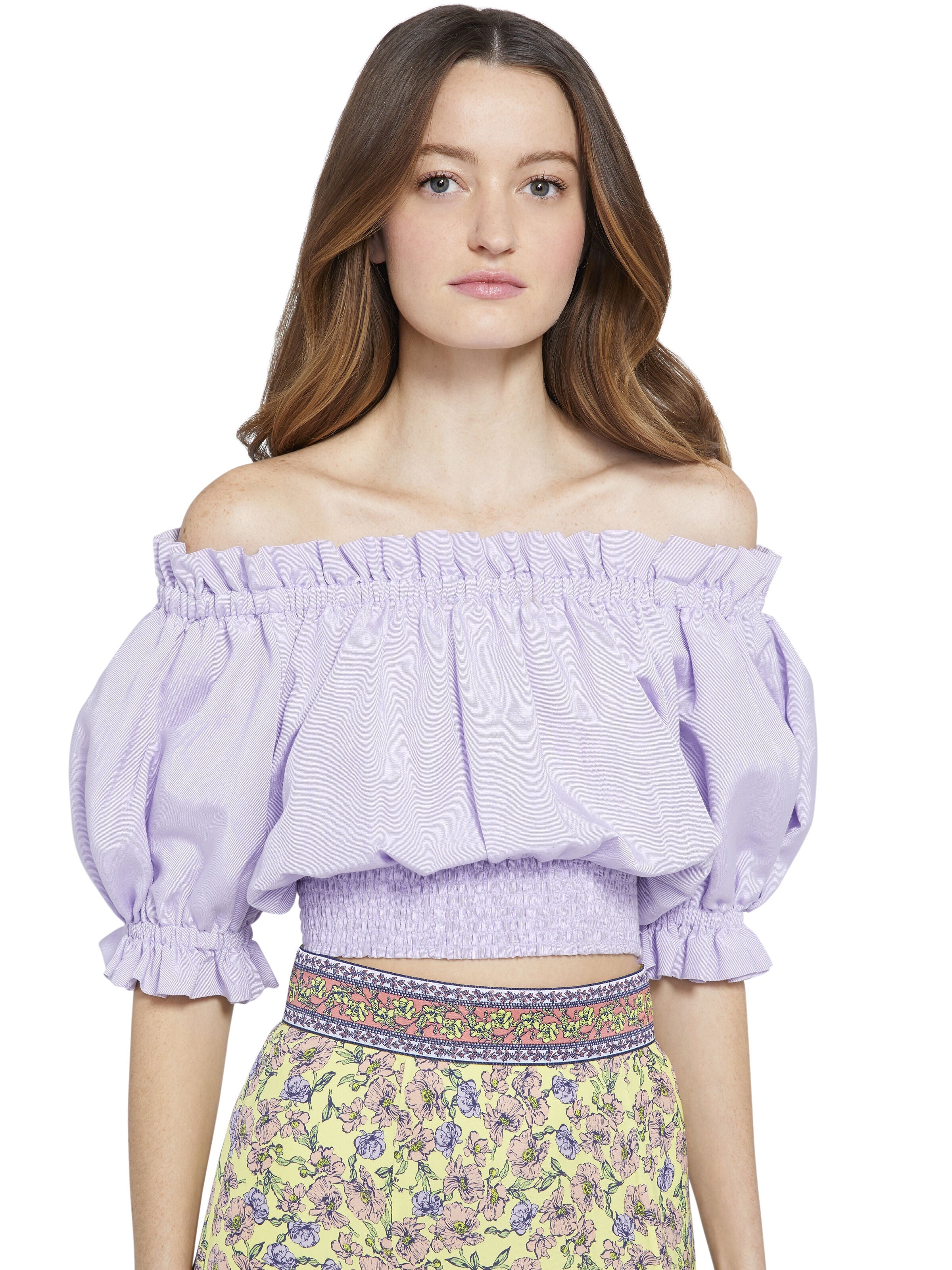 CAPRINA OFF THE SHOULDER CROP TOP-LAVENDER-ALICE + OLIVIA
