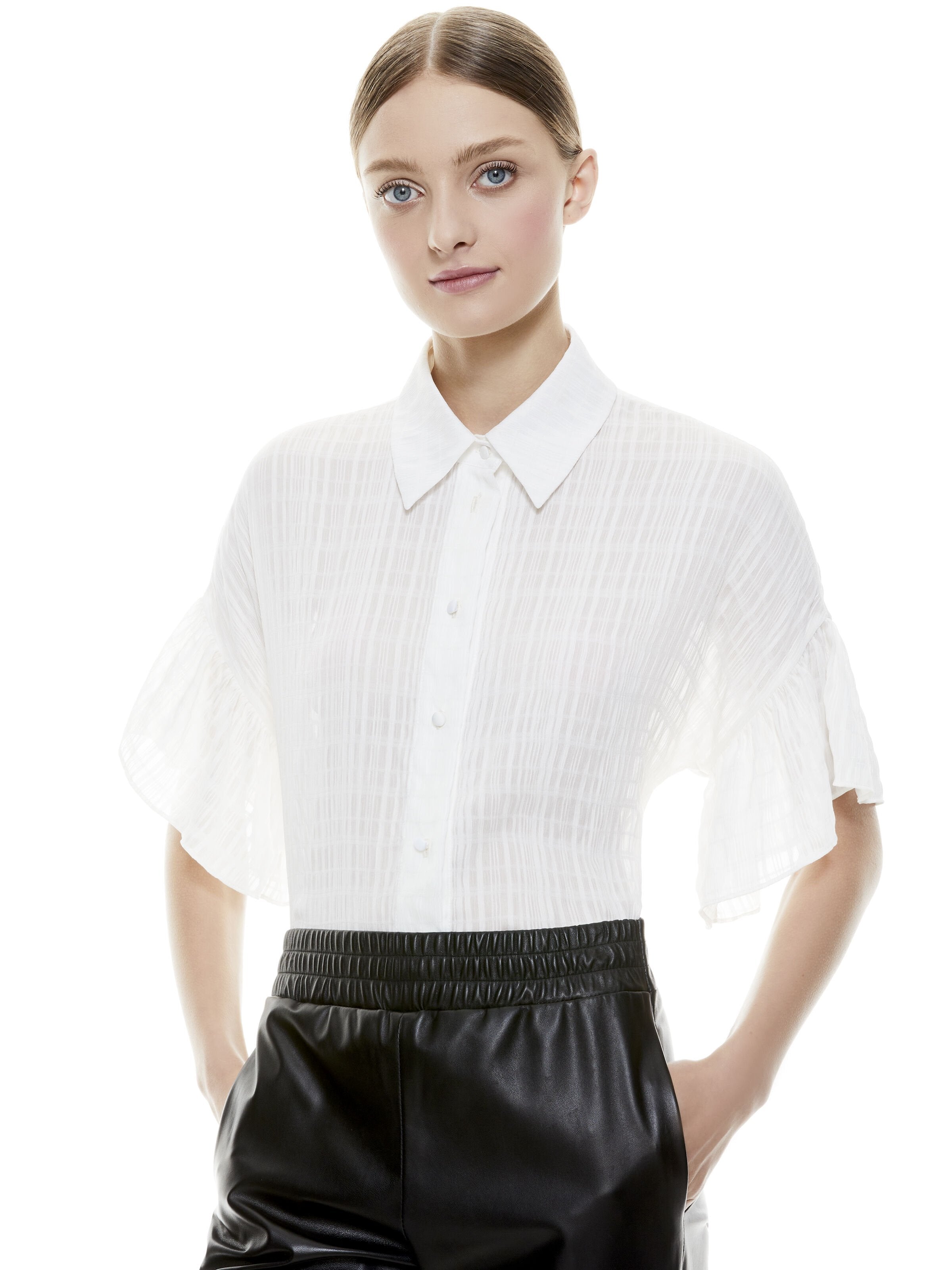 EDYTH RUFFLE SLEEVE BUTTON DOWN-OFF WHITE-ALICE + OLIVIA