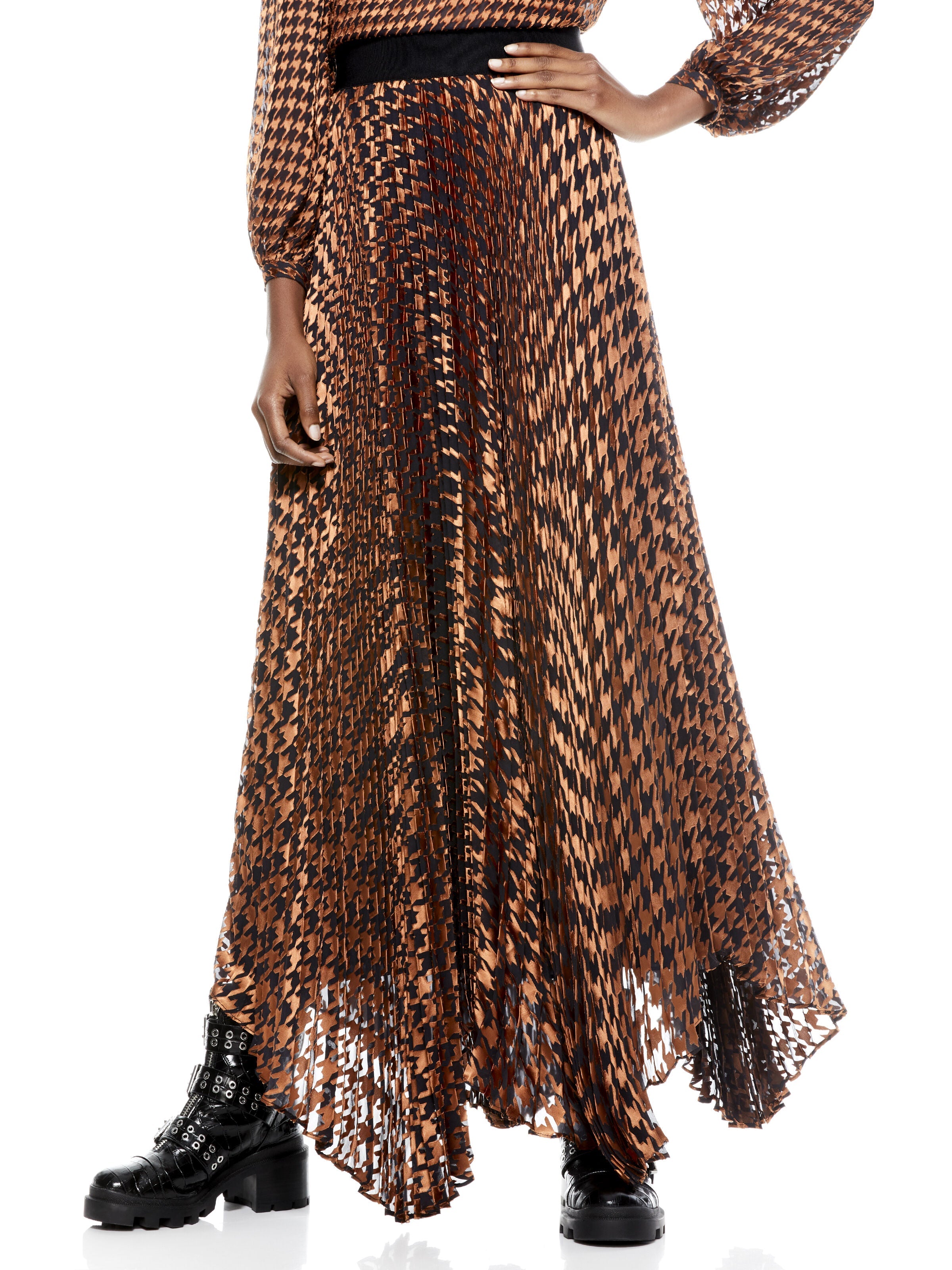 KATZ PLEATED MAXI SKIRT-HARVEST HOUNDSTOOTH LG-ALICE + OLIVIA