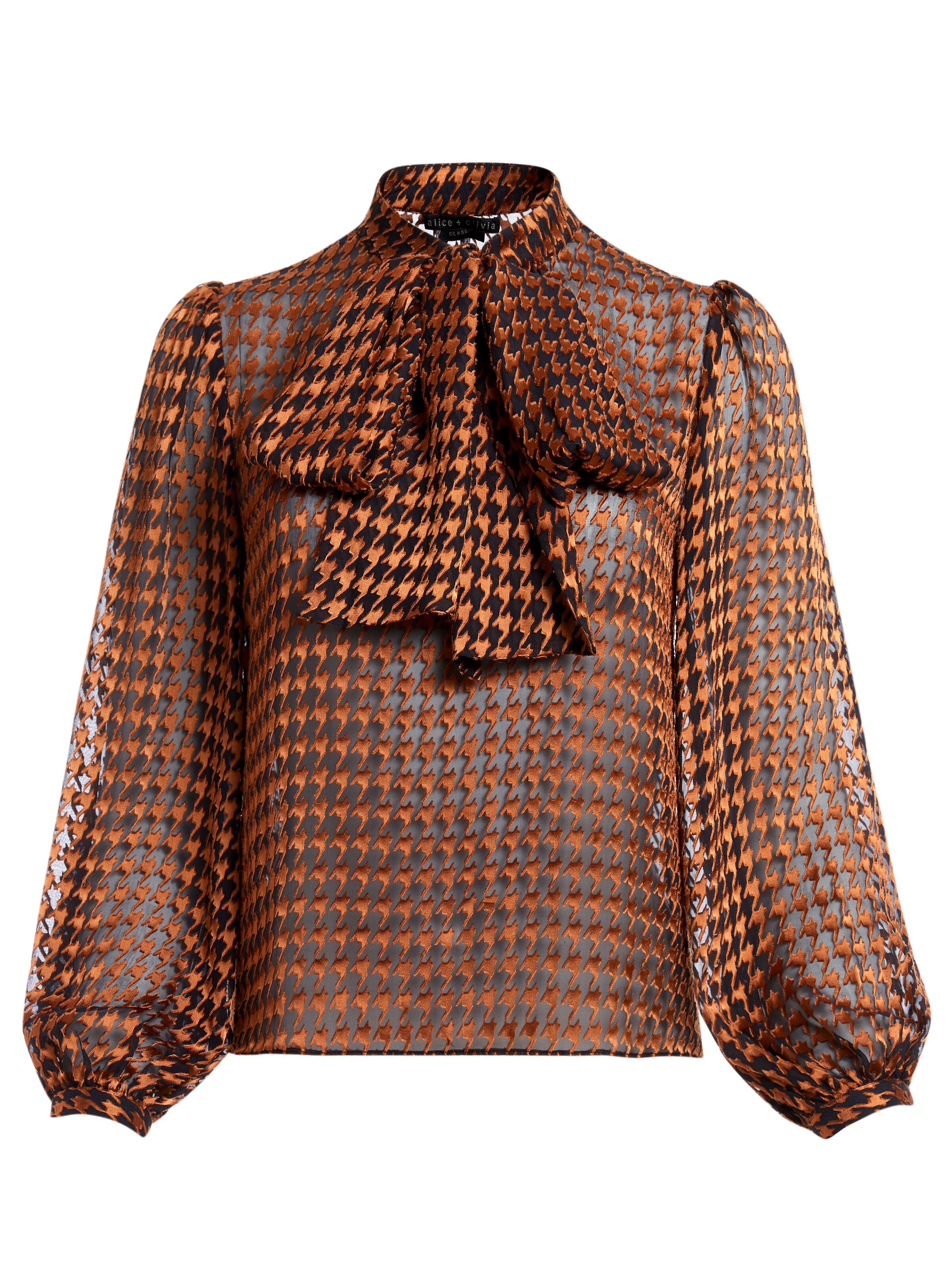 LOLITA HOUNDSTOOTH TIE NECK BLOUSE-HARVEST HOUNDSTOOTH MD-ALICE + OLIVIA