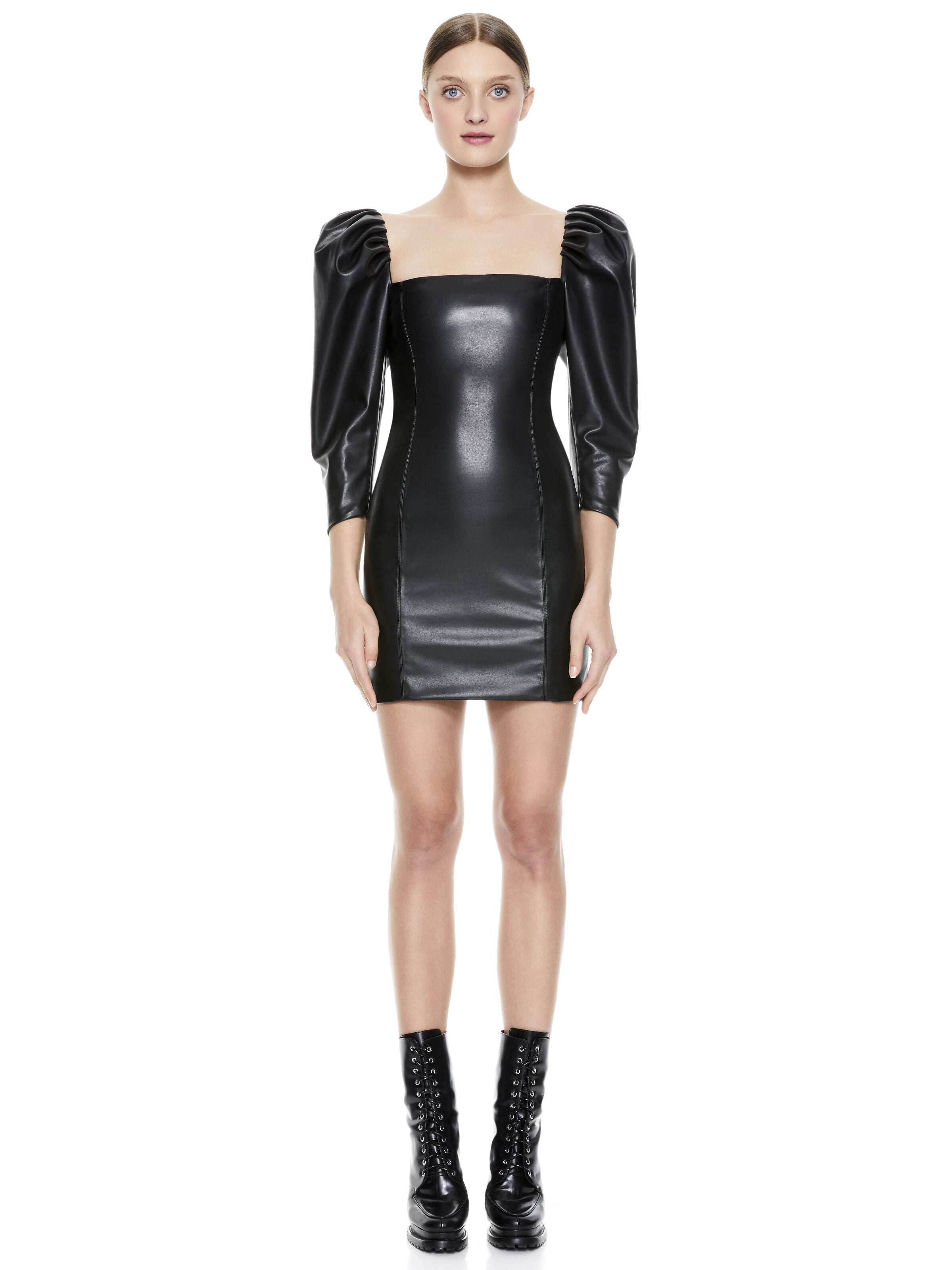 FRANCES VEGAN LEATHER MINI DRESS-Black-ALICE + OLIVIA