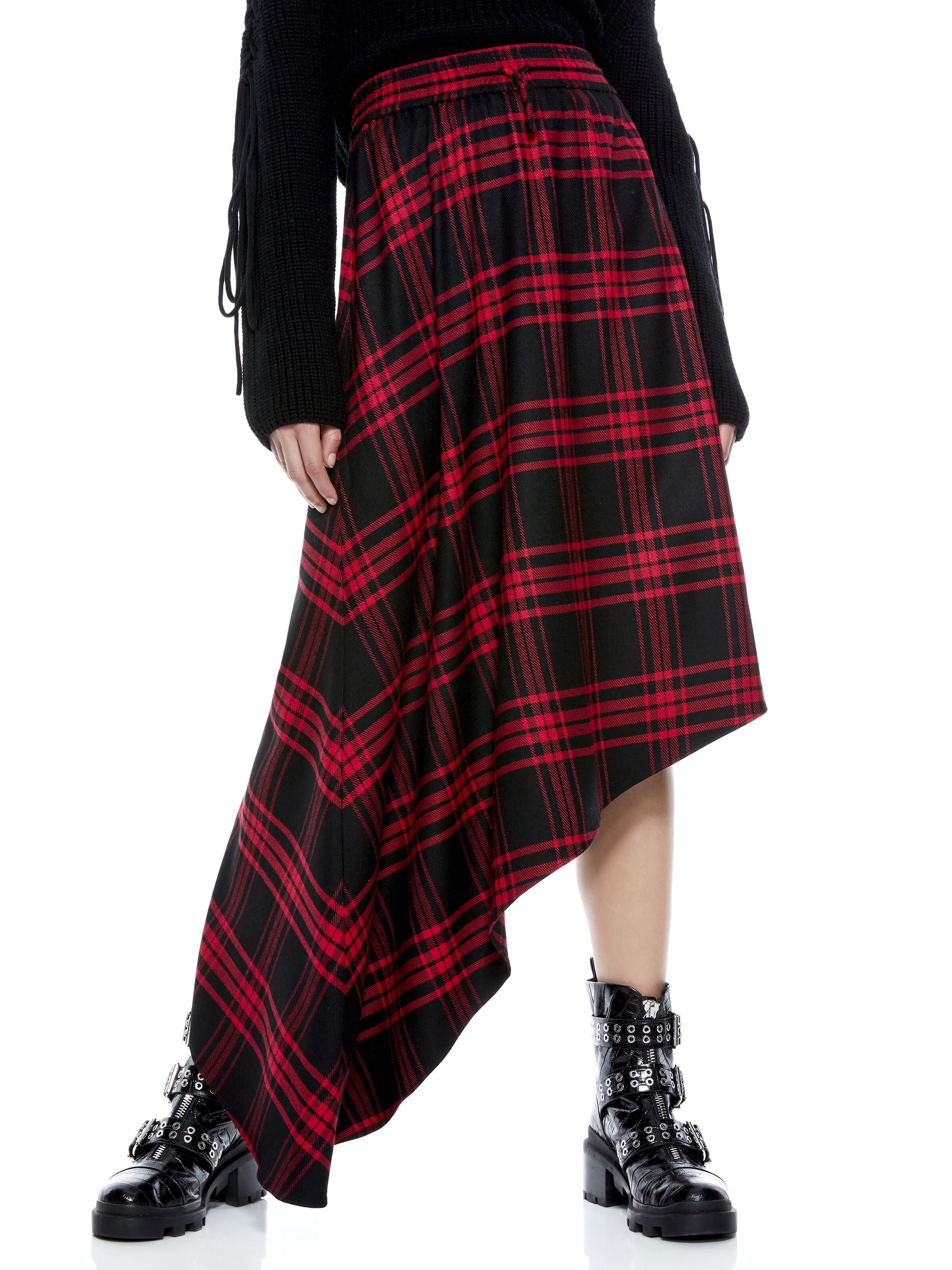 NATALINA ASYMMETRICAL MIDI SKIRT-ALPINE PLAID LG SCARLET-ALICE + OLIVIA