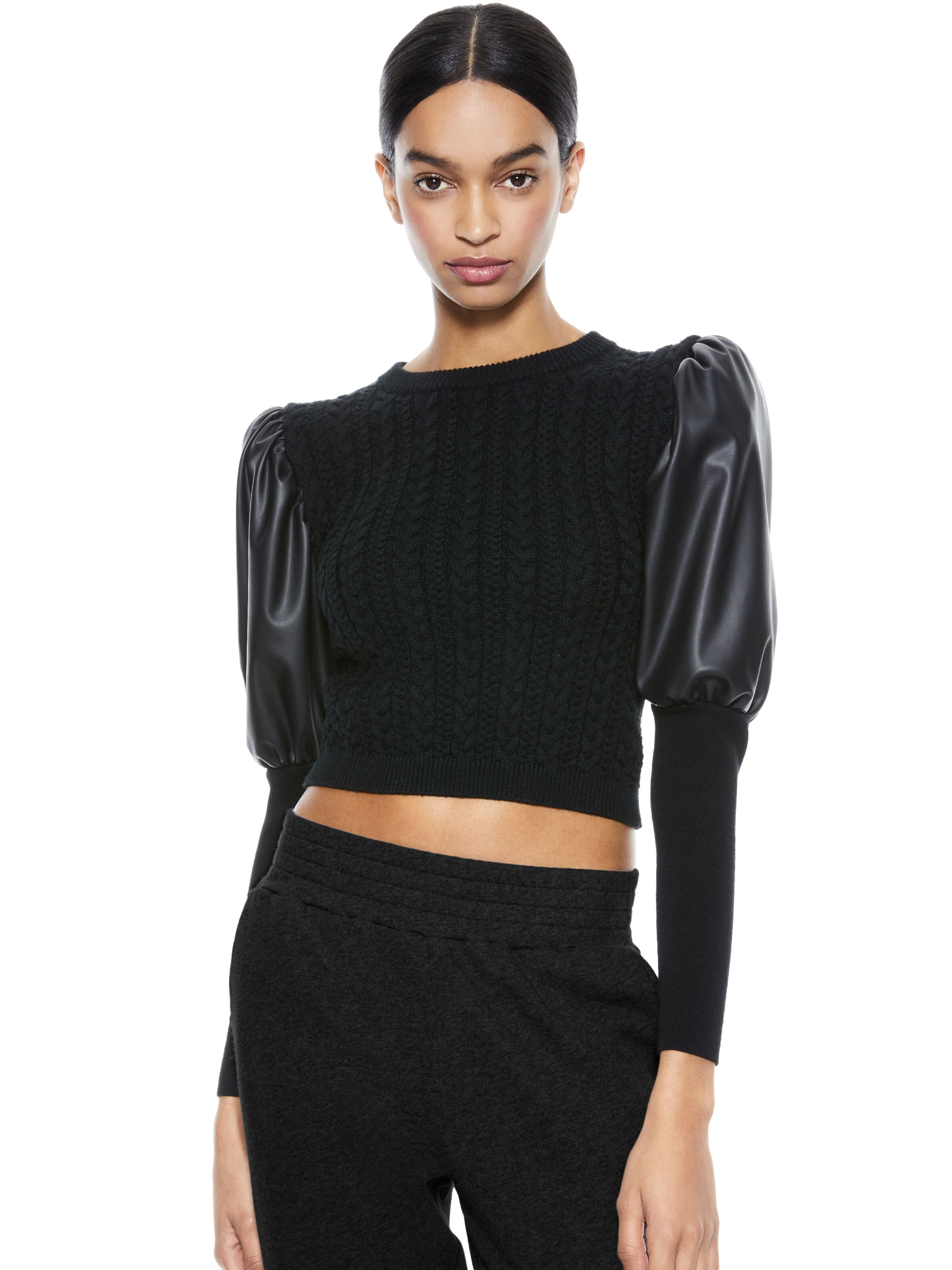 SHAMIKA VEGAN LEATHER SLEEVE TOP-ALICE + OLIVIA