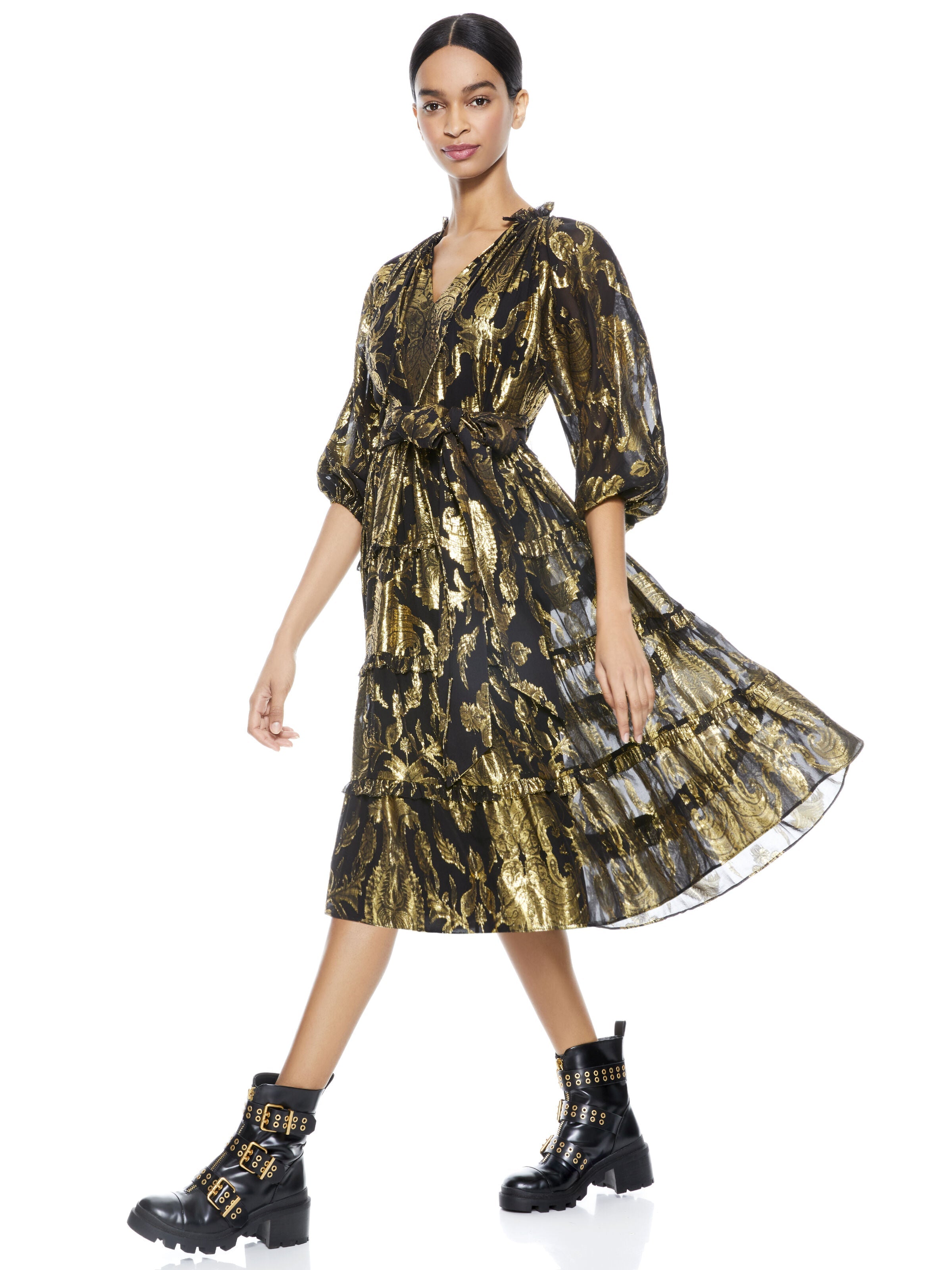 LAYLA METALLIC TIERED MIDI DRESS-BLACK/GOLD-ALICE + OLIVIA