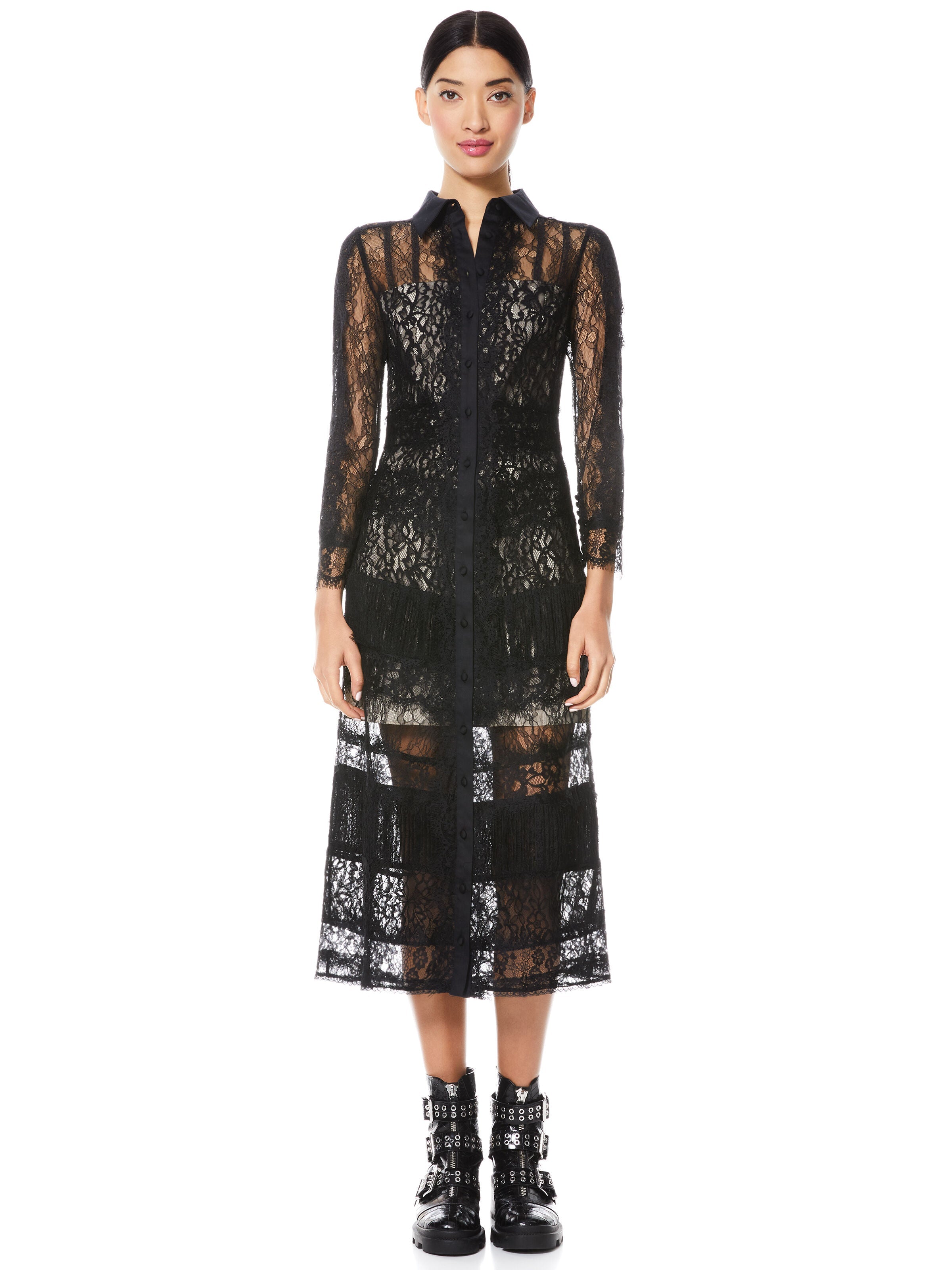 SIBELLA COLLARED LACE MIDI DRESS-Black-ALICE + OLIVIA