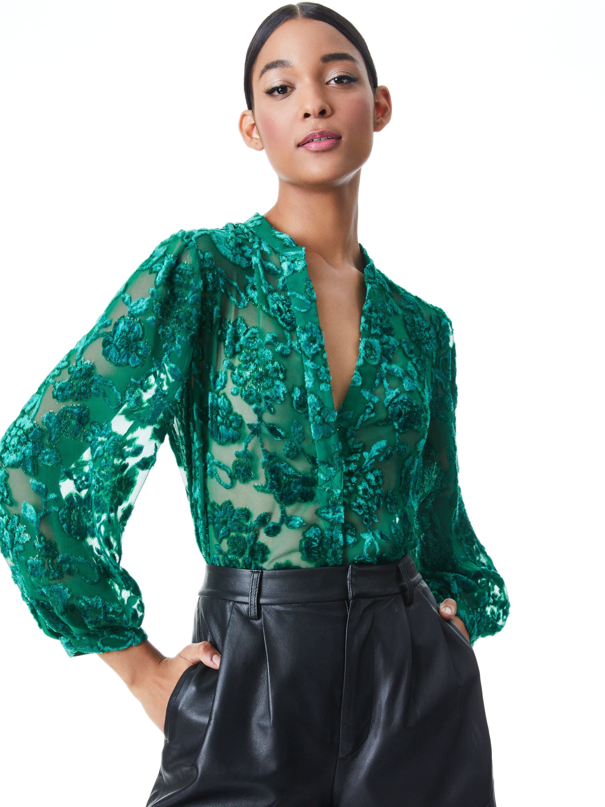 SHEILA FLORAL HENLEY TOP-DARK TEAL-ALICE + OLIVIA