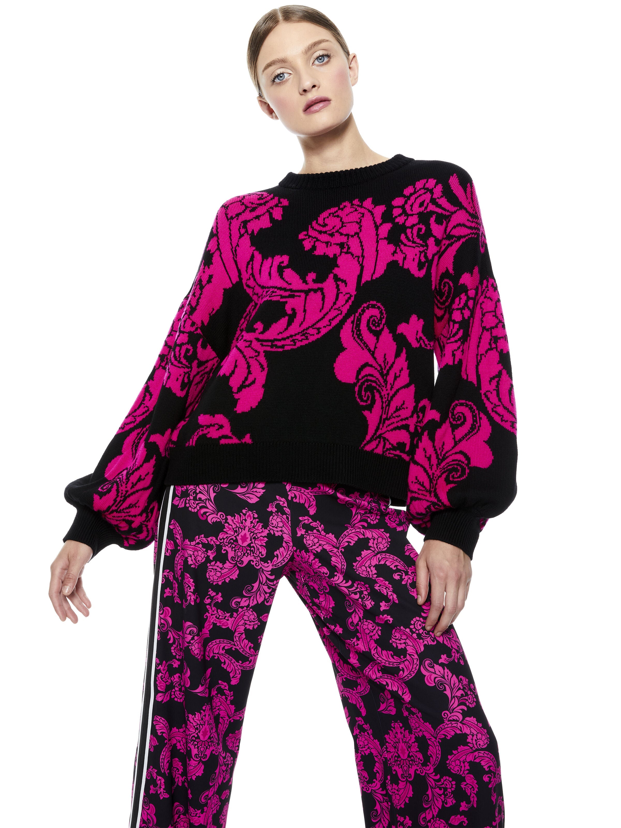 CARWEN BLOUSON SLEEVE PULLOVER-BLACK/WILD PINK COMBO-ALICE + OLIVIA
