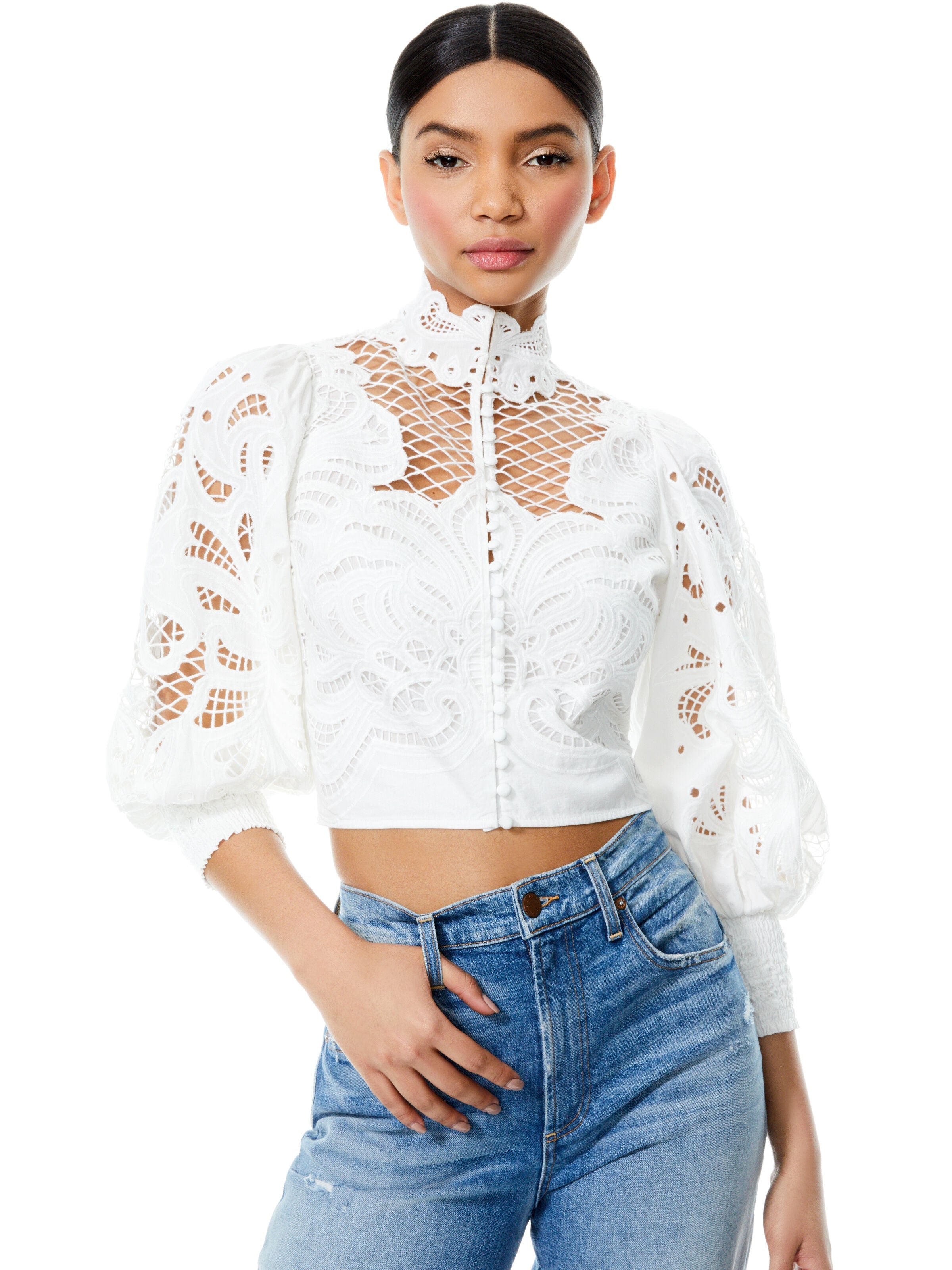 YAZ EYELET CROP BLOUSE-OFF WHITE-ALICE + OLIVIA