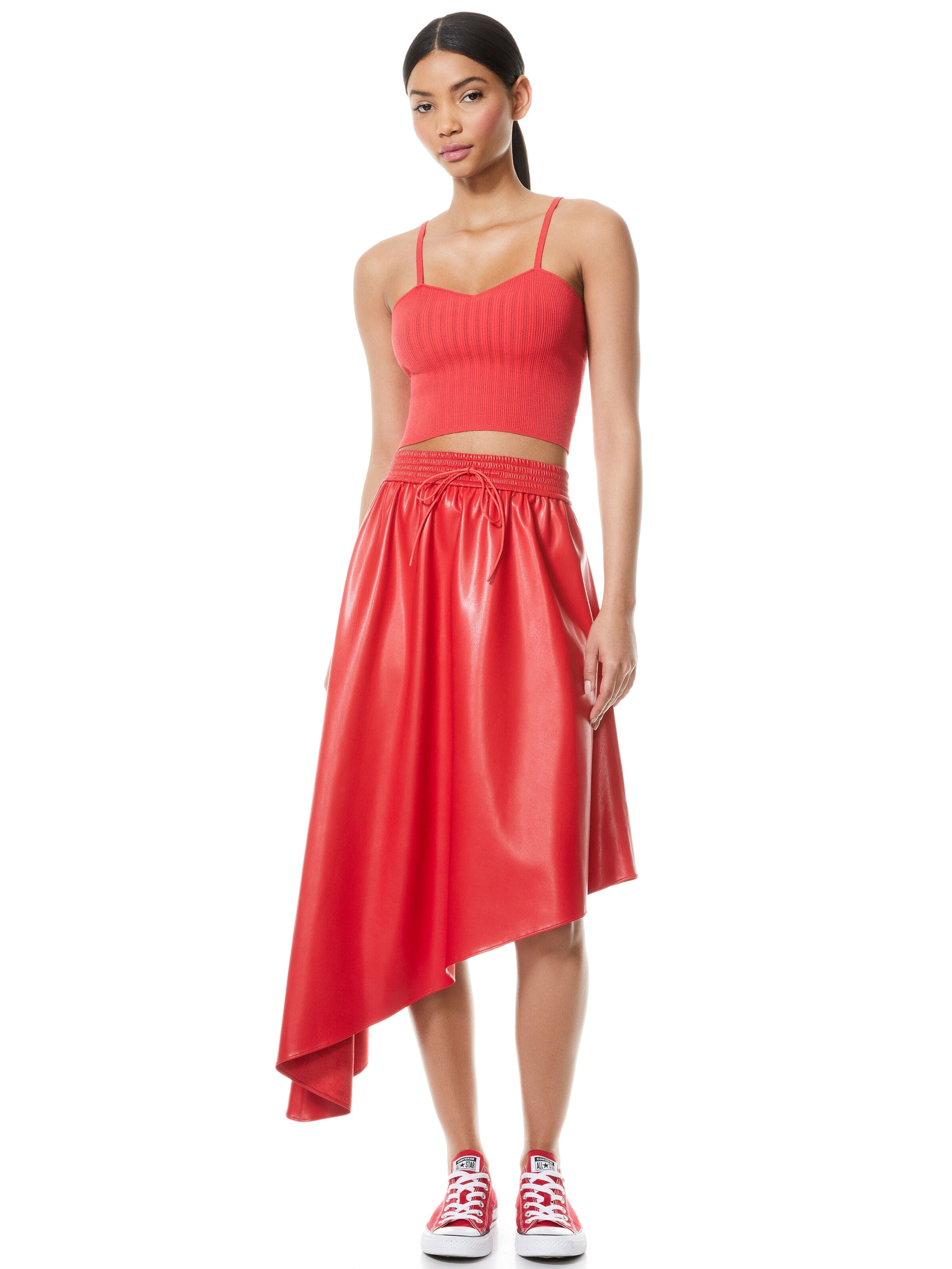 NATALINA VEGAN LEATHER ASYMMETRICAL MIDI SKIRT